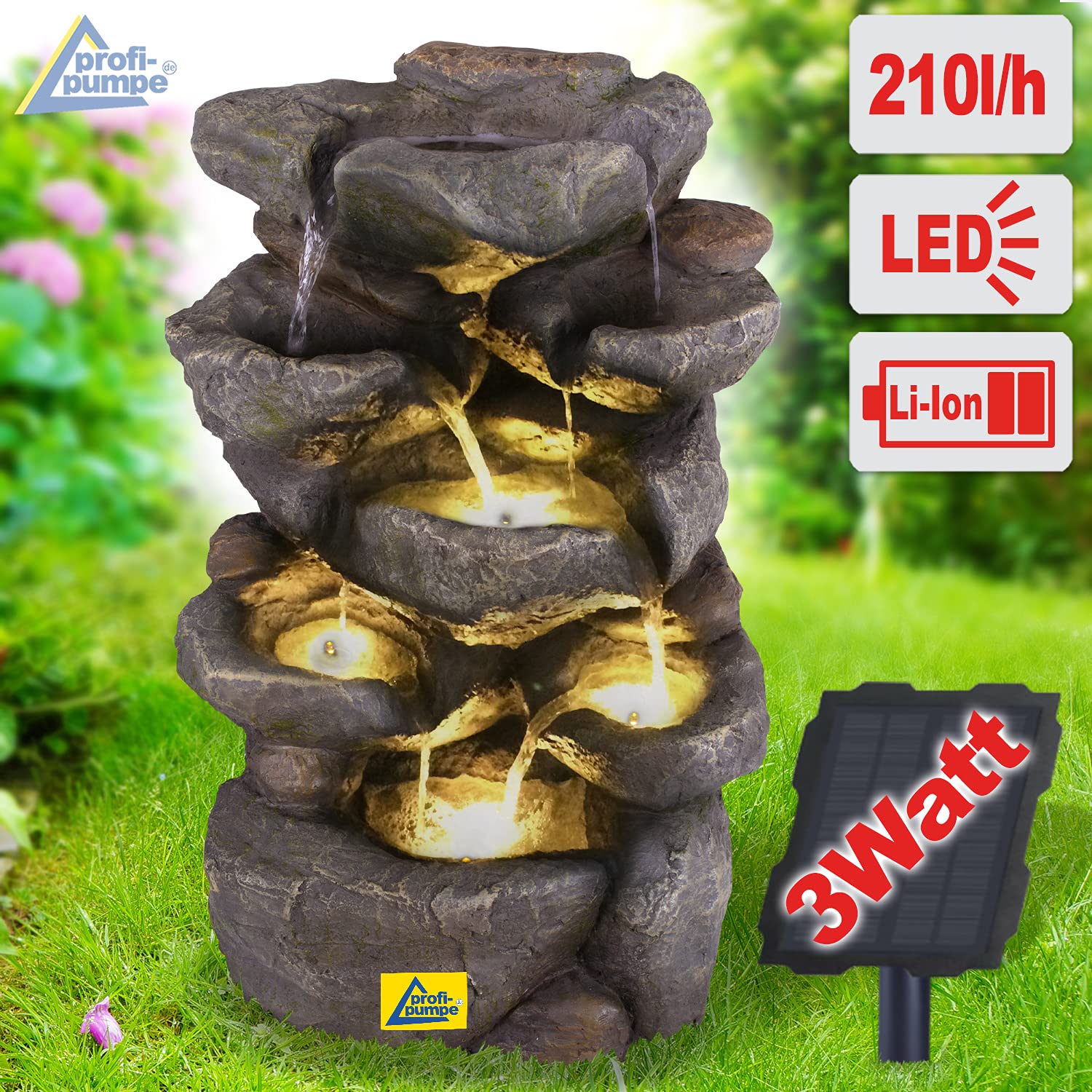 Fuente Solar Decorativa con Cascada y Luz de jardín - Bomba de Estanque para Patio, balcón con Inicio instantáneo, batería de Iones de Litio y luz LED