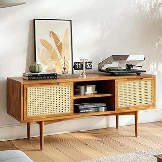Bme Oliver Solid Wood TV Console with Rattan Door – Mid‑Modern Media Cabinet for TVs up to 55", Fluted Entertainment Stand with Storage – Caramel