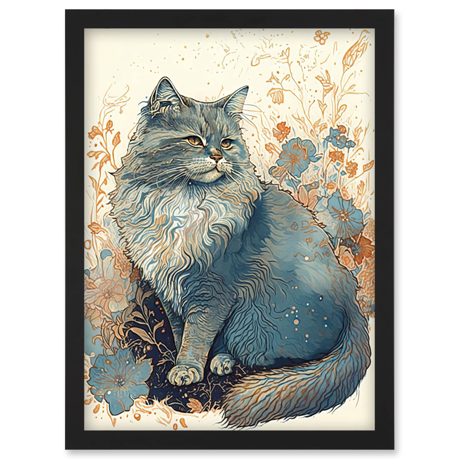 Artery8 Fluffy Cat in Wildflowers Teal and Orange Watercolour Illustration Artwork Framed Wall Art Print A4