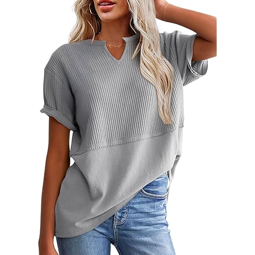 SHEWIN Womens Casual V Neck Waffle Knit Tops Short Sleeve T Shirts Loose Blouses