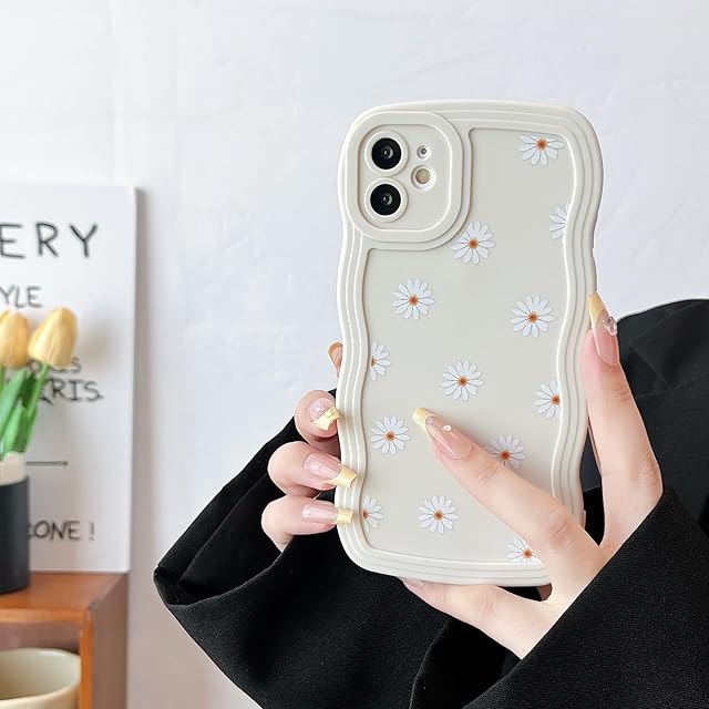 ZTOFERA Case for iPhone 11, Cute Curly Wave Frame Daisy Pattern Liquid Silicone Case, Flexible Shockproof Protective Bumper Cover for iPhone 11 6.1" - Beige