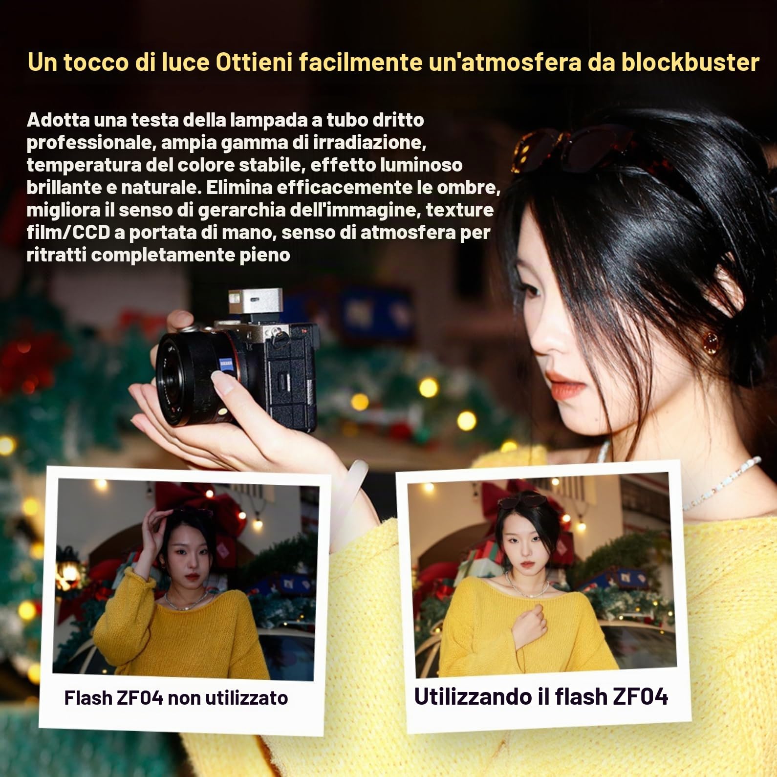 ZΕΝΙΚΟ ZF04 Flash da fotocamera, flash fotografico con 2 livelli di potenza, ricarica di tipo C, attacco universale per slitta a contatto caldo, 372 flash a piena potenza per fotocamere argento