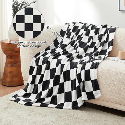 Miniatura 2 de Cozy Bliss Mantas de forro polar tamaño individual - Manta acogedora de felpa mullida para cama, sofá, viajes, campamento, color negro y blanco, 60