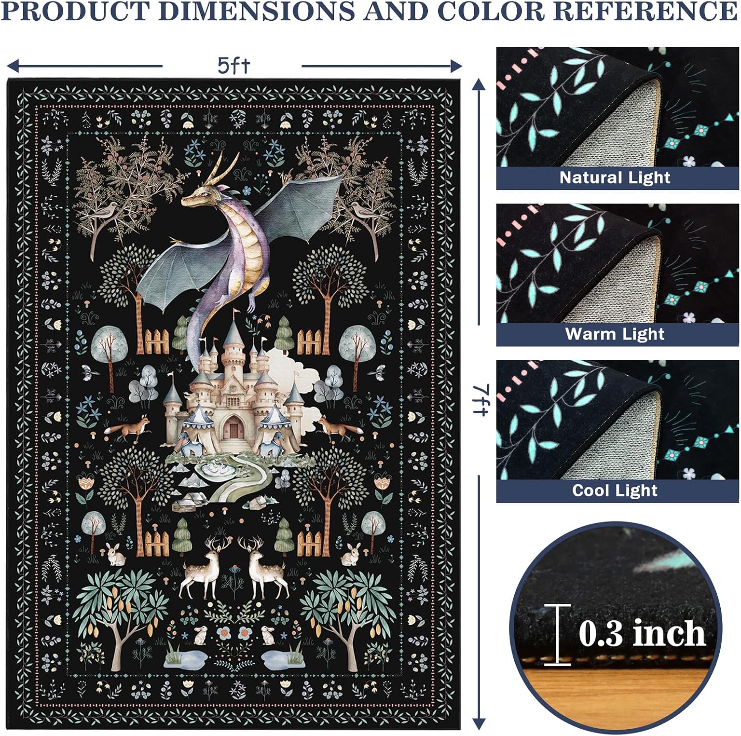 nesrt 5x7 Washable Area Rugs for Living Room Bedroom, Black Dragon Animal Print Dining Room Rugs Non Slip, Soft Botanical Forest Nursey Playroom Floor Carpets for Farmhouse Study Home Office Decor