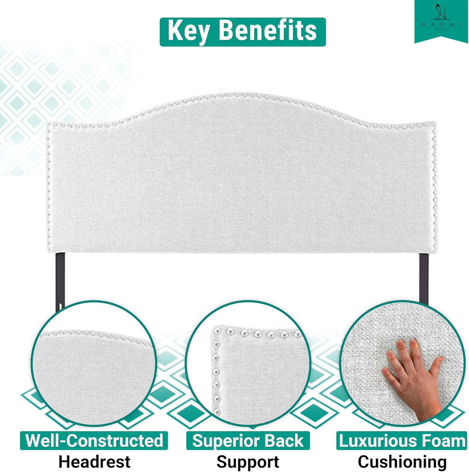 Naomi Home Catalina Full Size Bed Headboard, Square Tufted, White Linen Fabric, Height Adjustable 42"-52", Metal Legs, Wall/Bed Mount