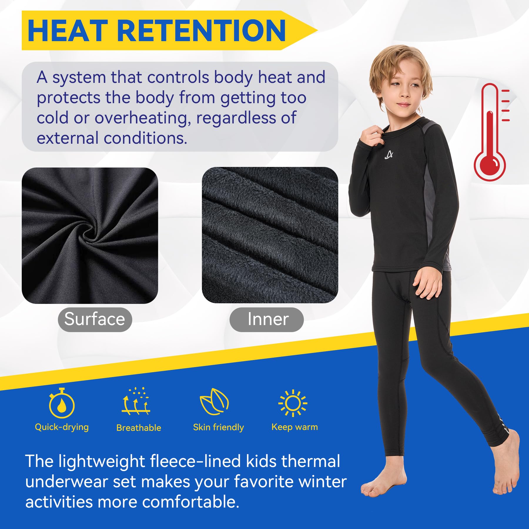AMZSPORT Biancheria Intima Termica per Bambini, Set Intimo a Manica Lunga per Ragazzi, Comfort e Traspirabilità per lo Sci, il Calcio e gli Sport Invernali