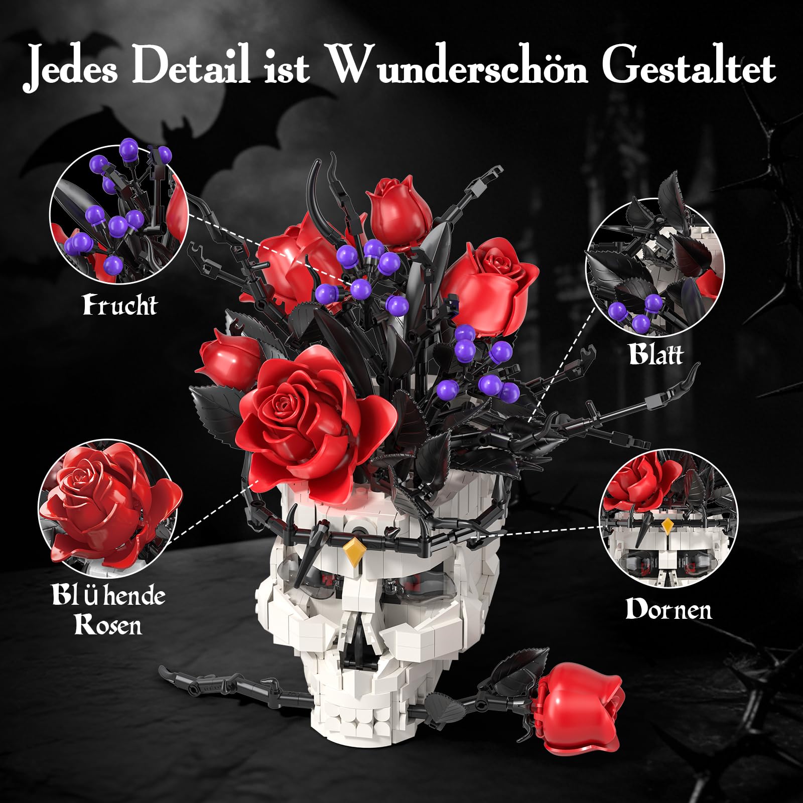 Rosen Klemmbausteine Blumen mit Totenkopf-Vase für Erwachsene, Gothic Deko | Klemmbausteine Set, Blumenstrauß Künstlich,Geschenke für Sie und Ihn zum Geburtstag Jahrestag Valentinstag Halloween Deko