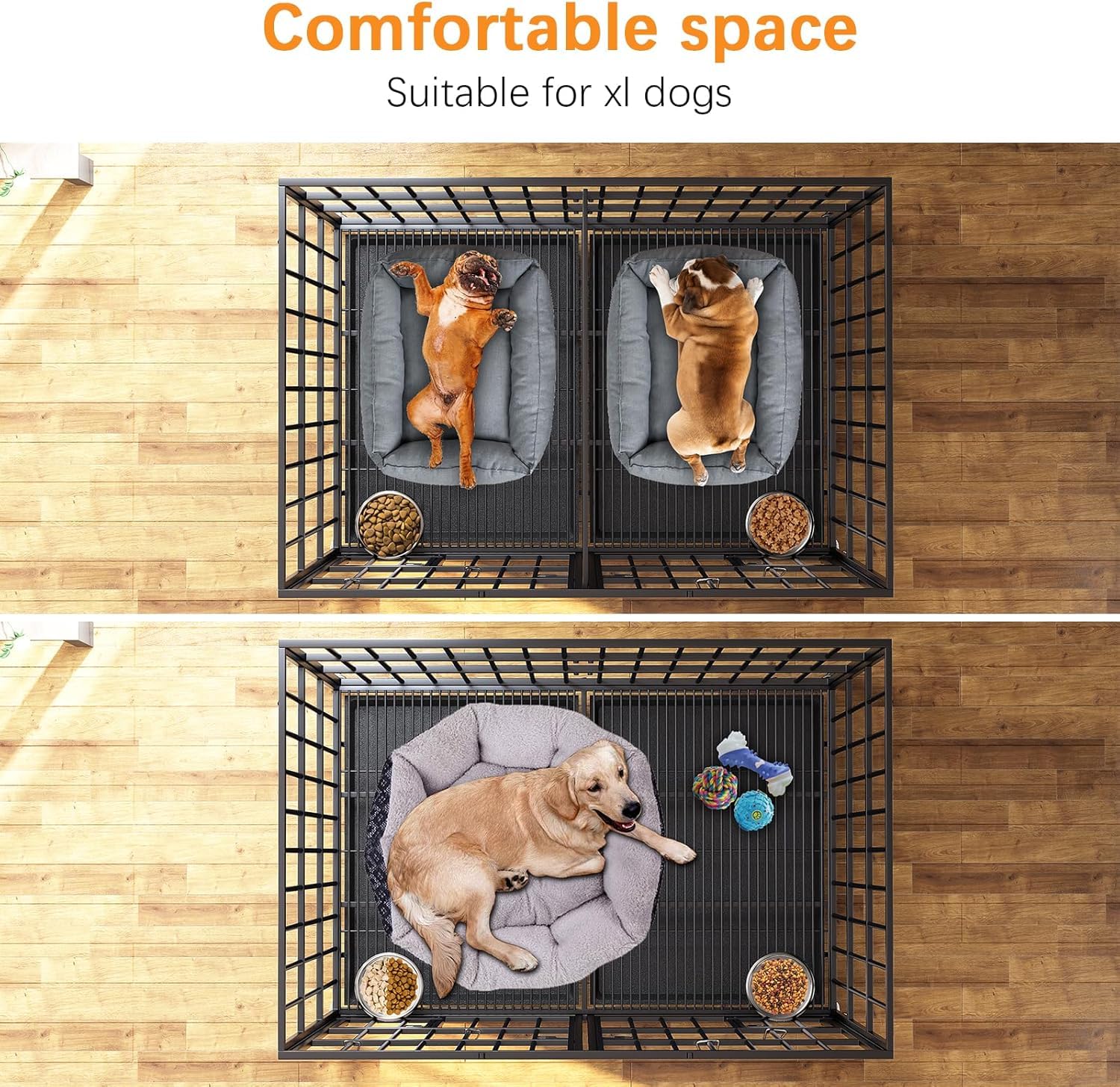 Jaula para perros con bandeja inferior, jaula para perros con divisor, 2 puertas y bandeja, caja doble 2 en 1 para perros grandes y medianos, 120 x 73 x 68 cm, color negro