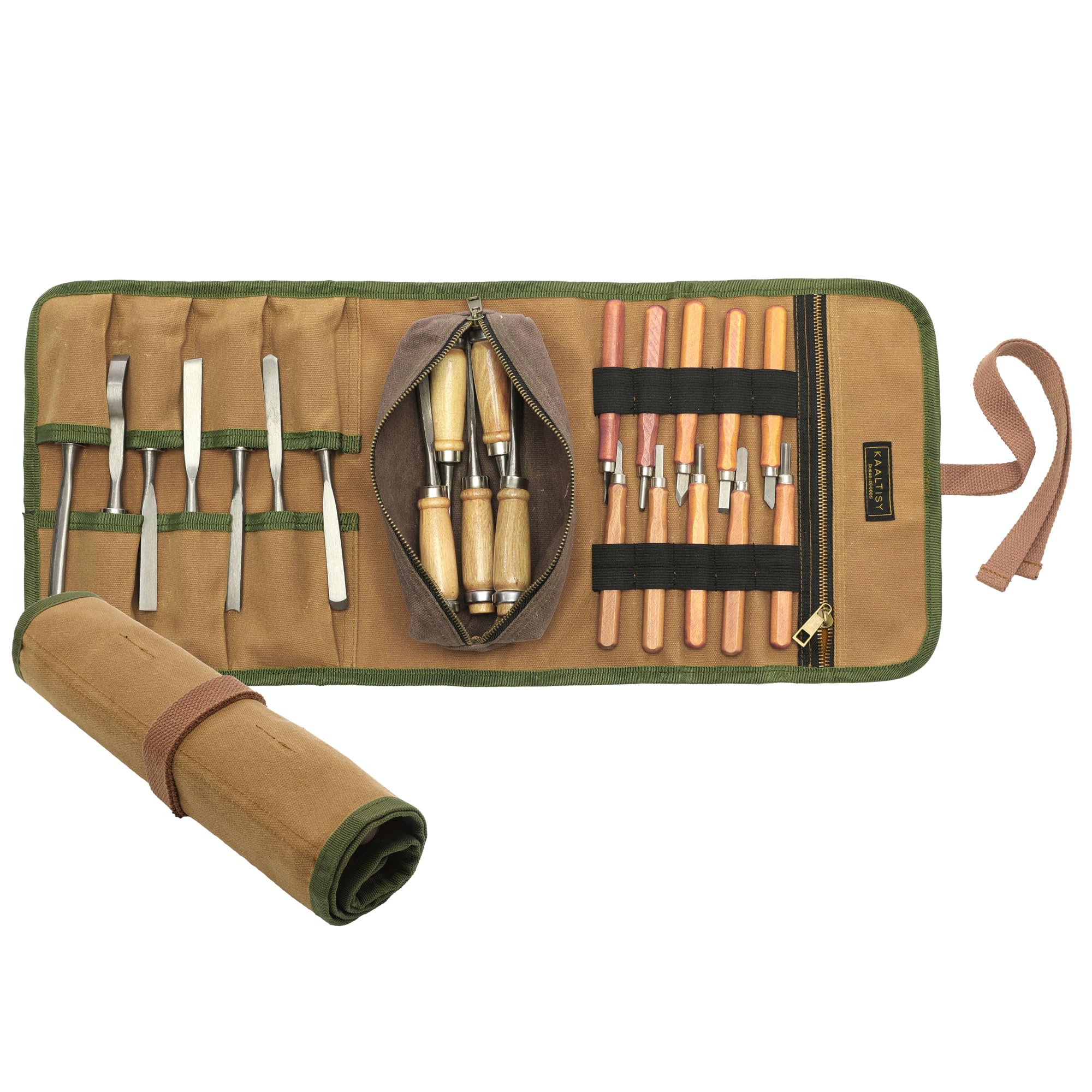 Kaaltisy Khaki + Grey 16Oz Waxed Canvas Tool Roll Bag, Heavy Duty Tool Storage Roll Bag With 7 Tool Slots & 1 Detachable Pouch, Khaki Tool Organizer For Wrenches And Tools (60 X 25Cm)