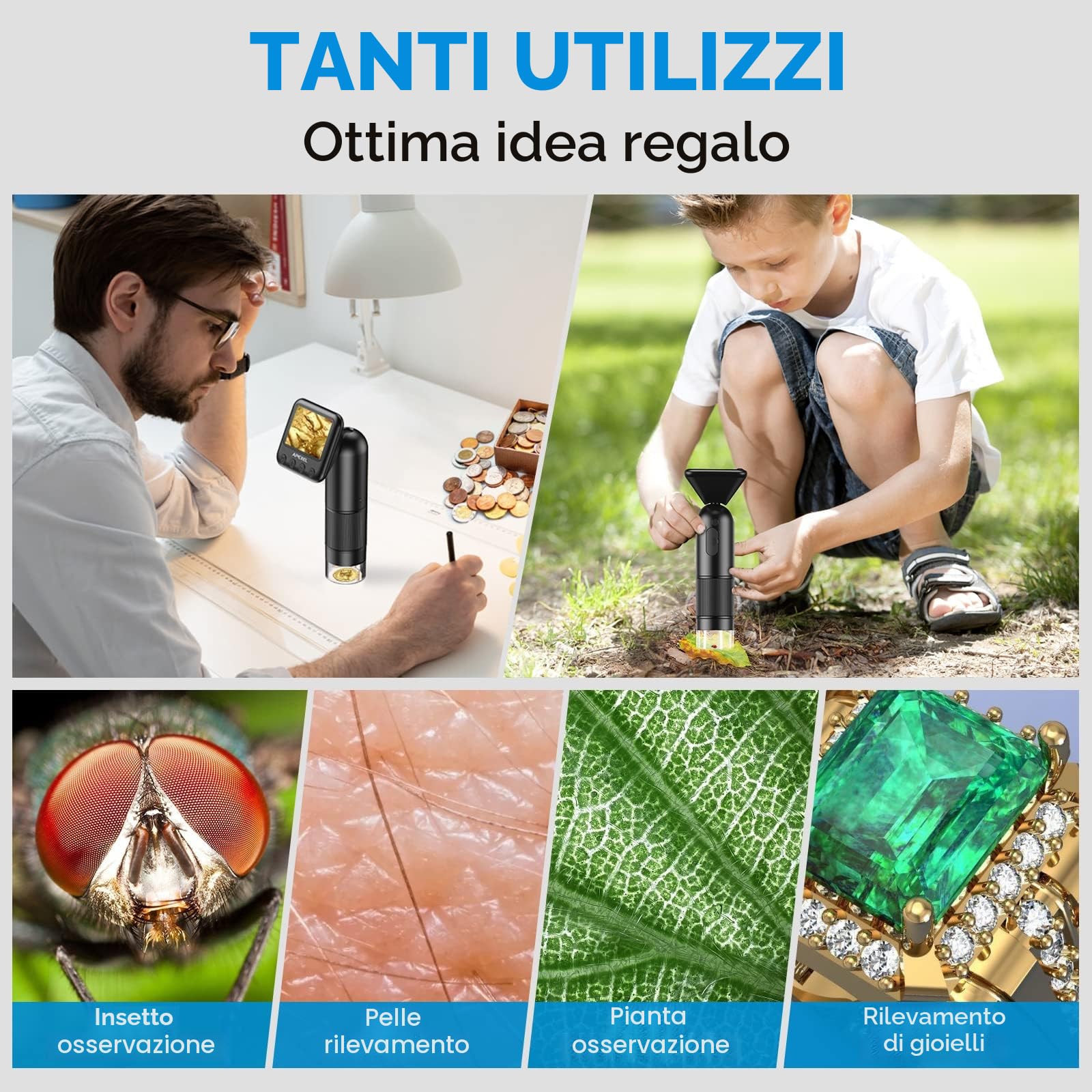 Microscopio digitale palmare LCD, microscopio portatile tascabile 800x con luci a LED Microscopio elettronico con lente d'ingrandimento, Handy-Mikroskop, USB a PC Inclusa scheda SD e vetrini campione