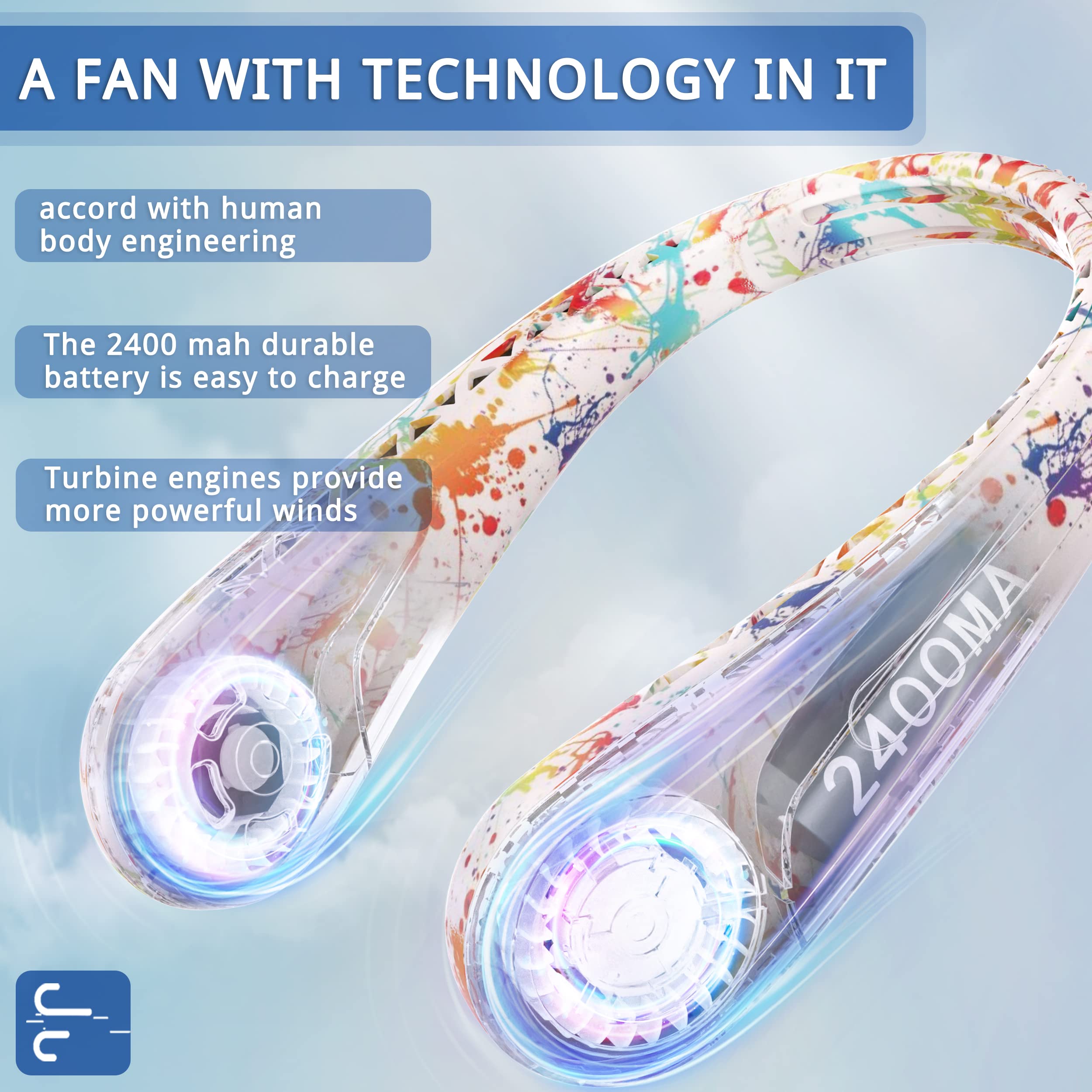 FrSara Neck Fan, Portable Fan Strong Wind, Adjustable, 360?? Cooling, Super Quiet, No Blade Fan Design, No Hair Twisting, Even Air Volume On Both Sides, Non-Slip Material, Short Charging, Long Use Time