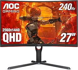 AOC CQ27G3Z Curved Gaming Monitor, QHD 2K 2560 x 1440, 1000R VA, 240 Hz 0,5 ms, FreeSync Premium, Height ajustável Stand, Xbox PS5 Switch, 3-Year Zero-Bright. - Dot, B Preto