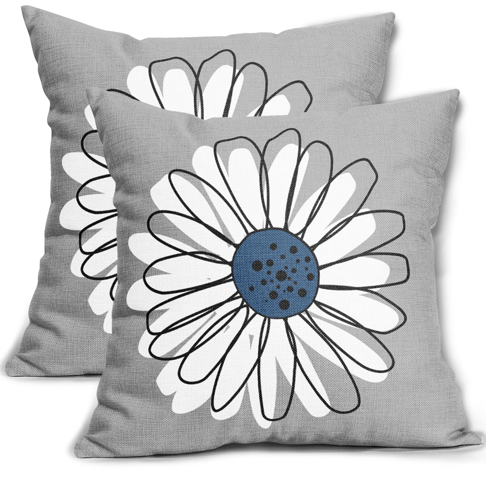 Light Blue White Daisy Pillow Covers 20x20 Set of 2 Spring Summer Gray Grey Colored Decorative Throw Pillows Outdoor Modern Art Flower Pillowcase