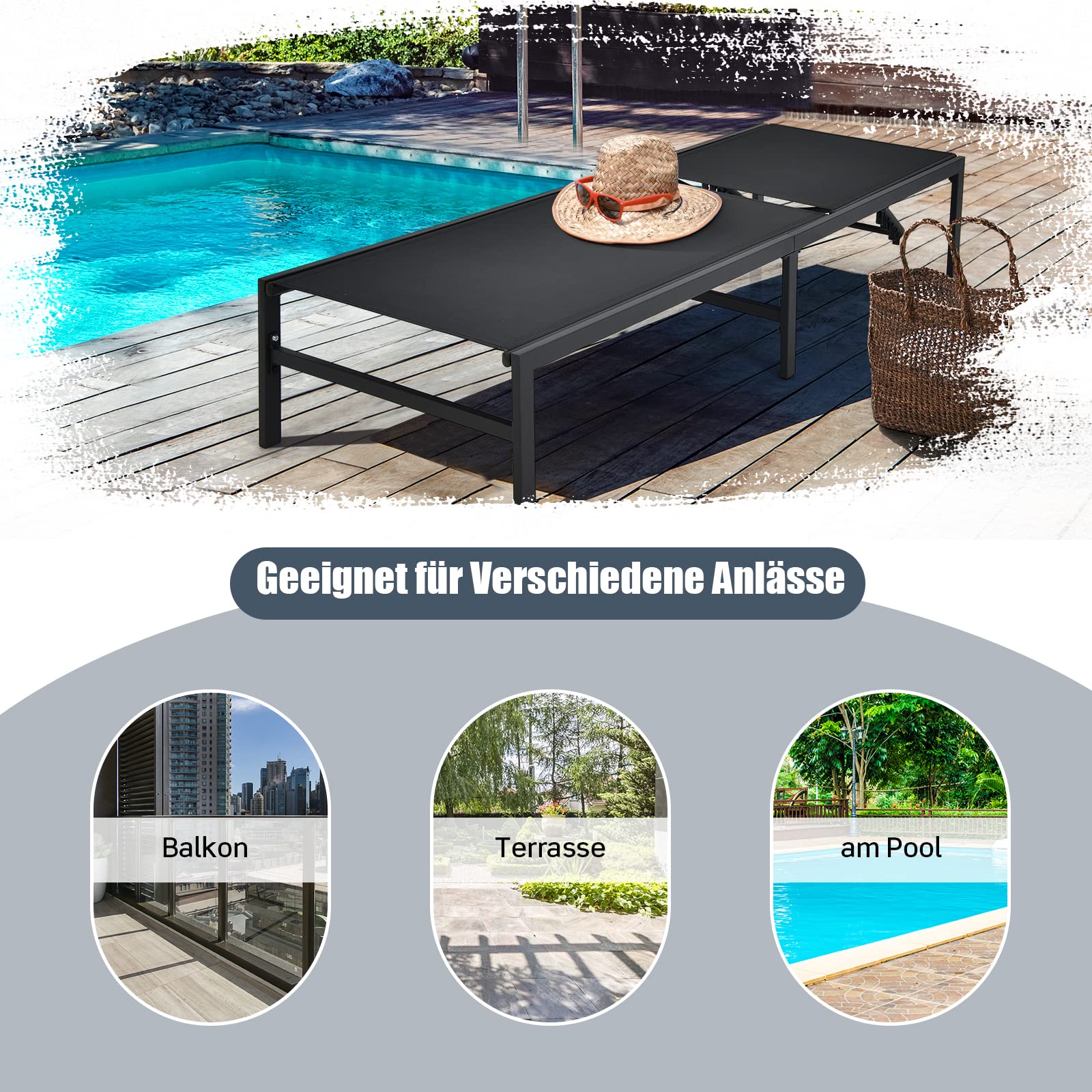 COSTWAY Sonnenliege, Liegestuhl mit 6-stufig Verstellbarer Rückenlehne, Atmungsaktiver Stoff, Gartenliege für Poolbereich, Strand, Terrasse (Schwarz)