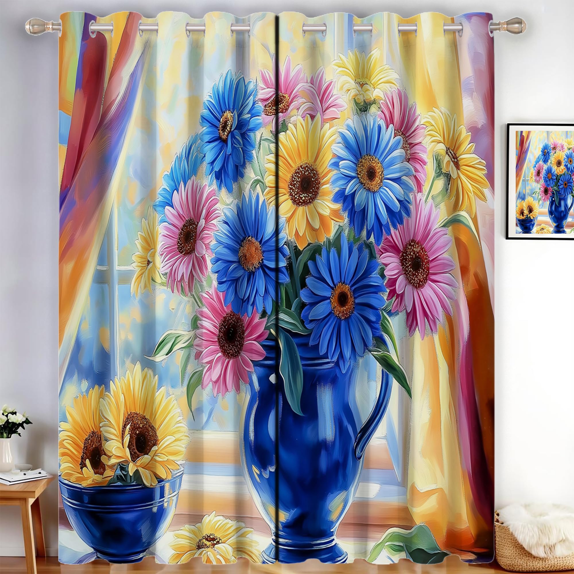 Rideau occultant bleu marine 140x240 cm en lot de 2 avec œillets motif vase de fleurs