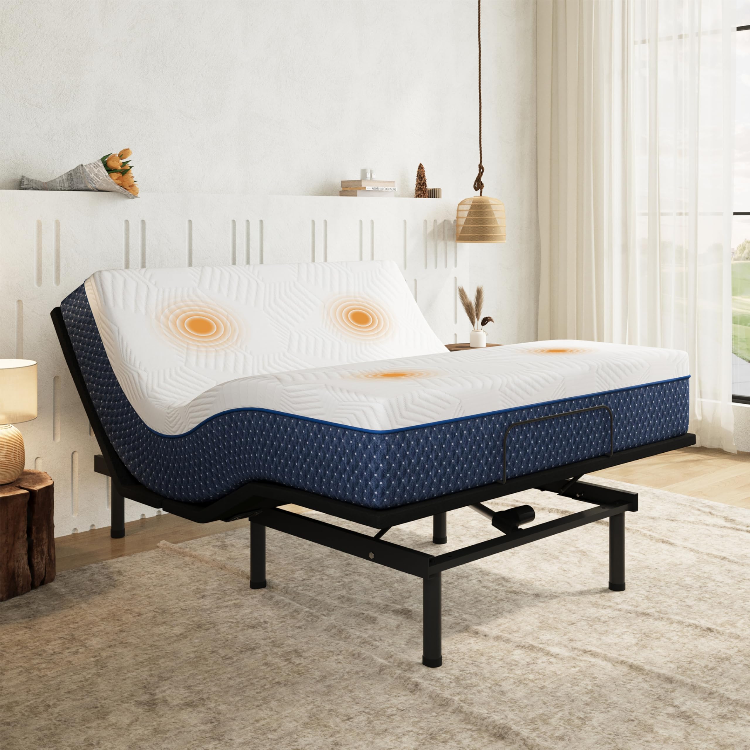 Adjustable Bed Frame Quee and 12 inch Firm Gel Memory Foam Mattress，Massage，Memory Positions，Head and Foot Incline,Zero Gravity，Dual USB Ports，Under Bed Lights，Anti-Snore，Easy Assembly