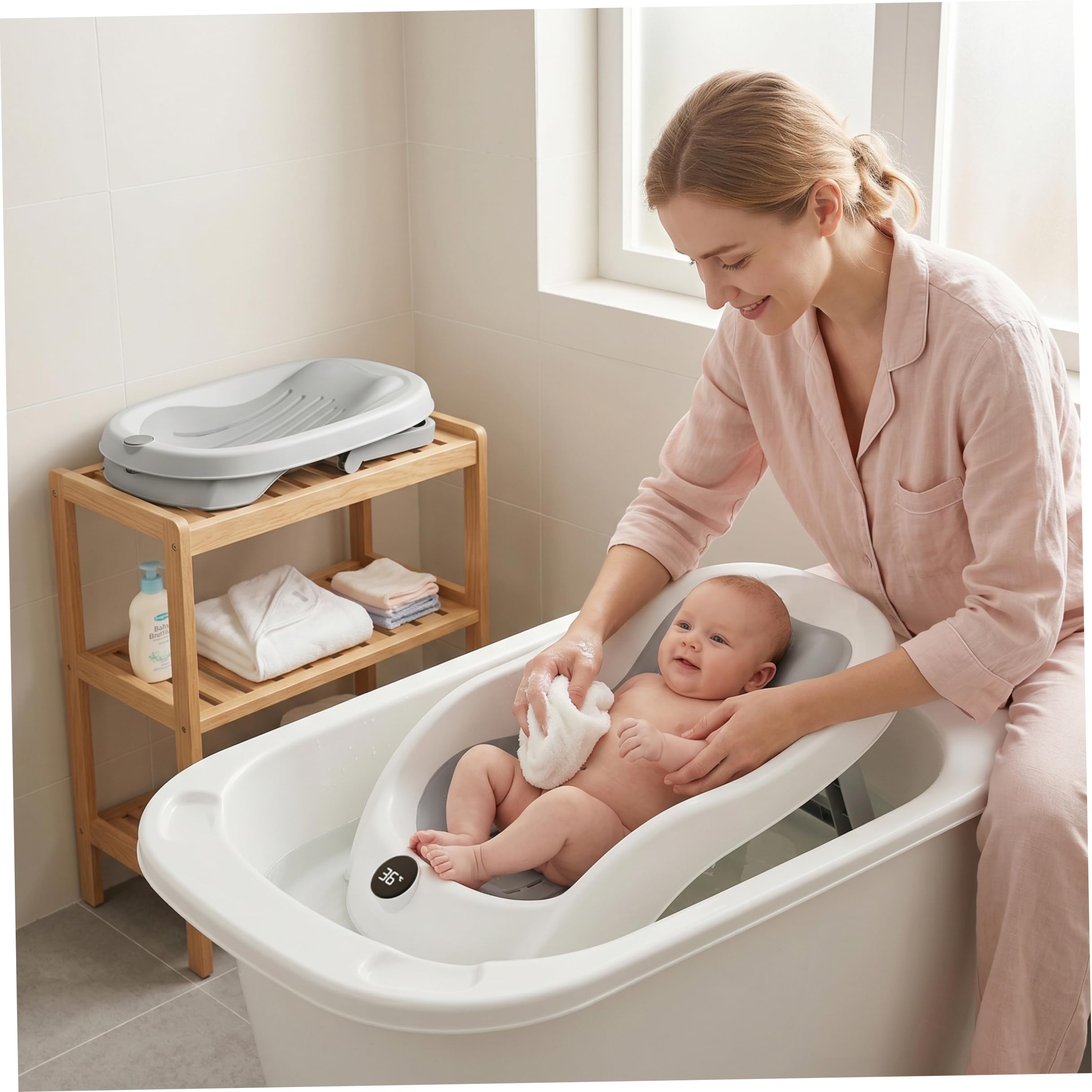 Supporto per bagnetto, vaschetta per il bagnetto con display digitale della temperatura e drenaggio, seggiolino pieghevole per vasca da bagno antiscivolo per neonati (grigio) ;1