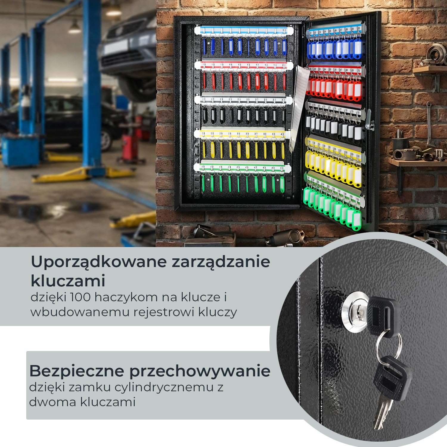 HMF Duża stalowa szafka na klucze, zamykana szafka na klucze do biura, administracji lub floty, 100 haczyków na klucze, 55 x 38 x 8 cm, czarna