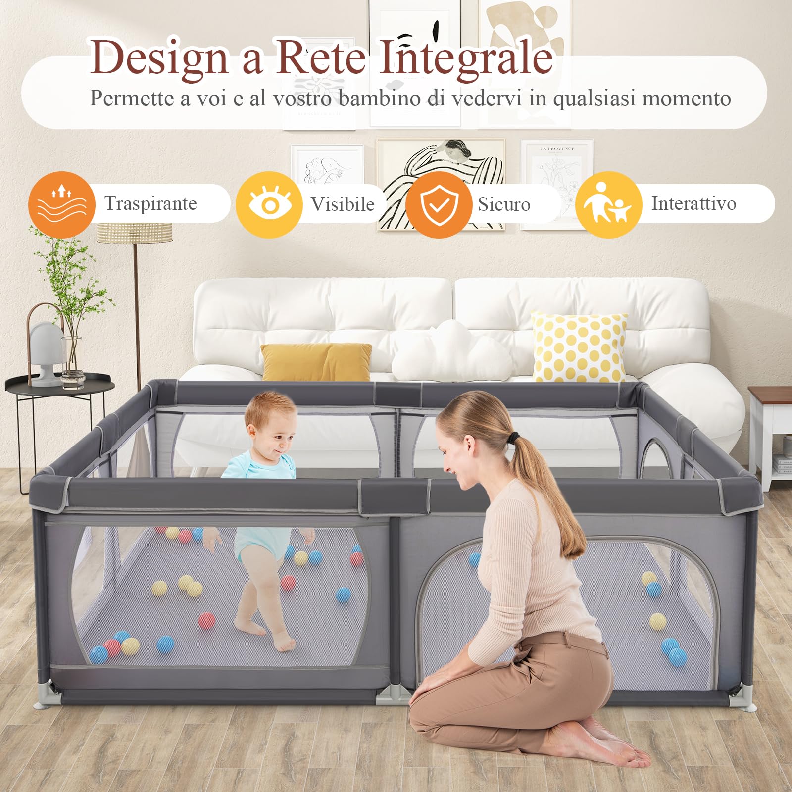 RELAX4LIFE Box Recinto per Bambini, Centro di Attività per Bambini dai 6 Mesi ai 3 Anni (206x147,5cm, E: 50 Palline+ Borsa di Trasporto+Tasca Laterale,GRIGIO)