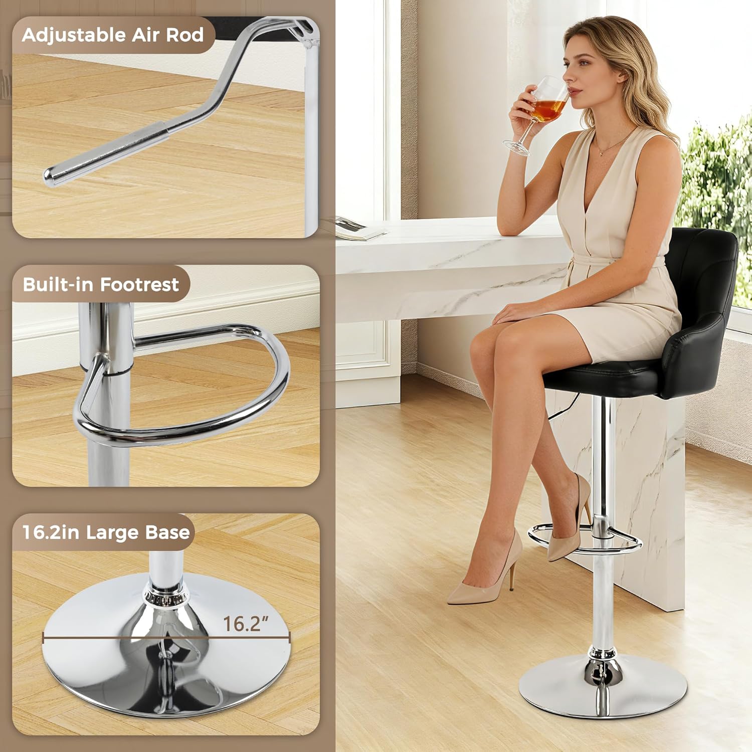 LSSPAID Bar Stools Set of 2, Adjustable Counter Height Swivel Barstools with Back & Arms, Industrial Style Bar Chairs with Metal Base for Kitchen Counter Cafe Dining Room, Black