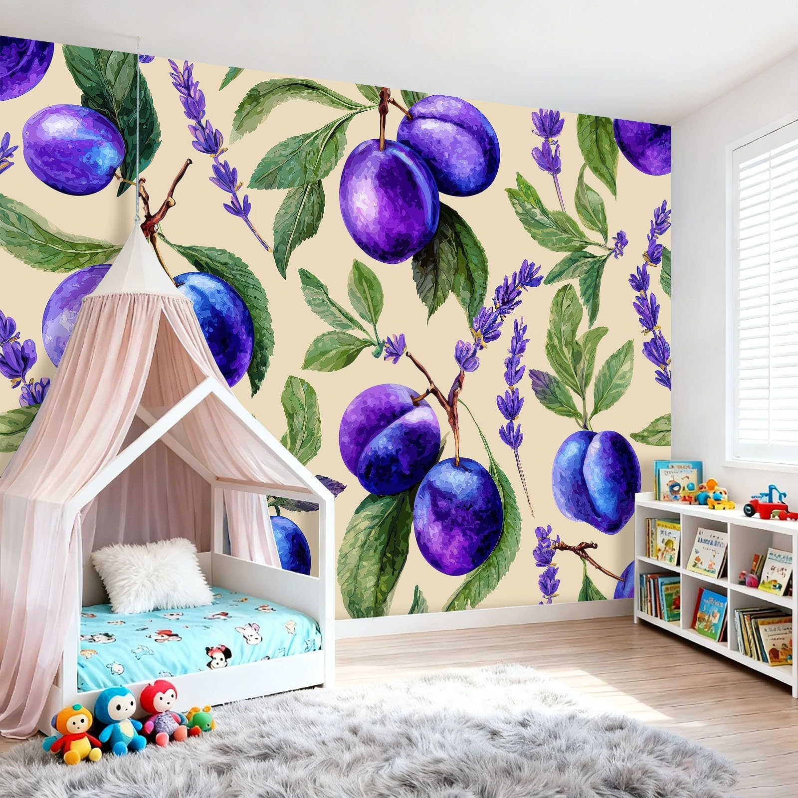 Dekoracyjna tapeta ścienna | Akwarela Śliwka Owoce Wzory | Nadaje się do salonu, sypialni i biura, stylowa i prosta w instalacji, idealna, (fioletowy, 400 x 280 cm