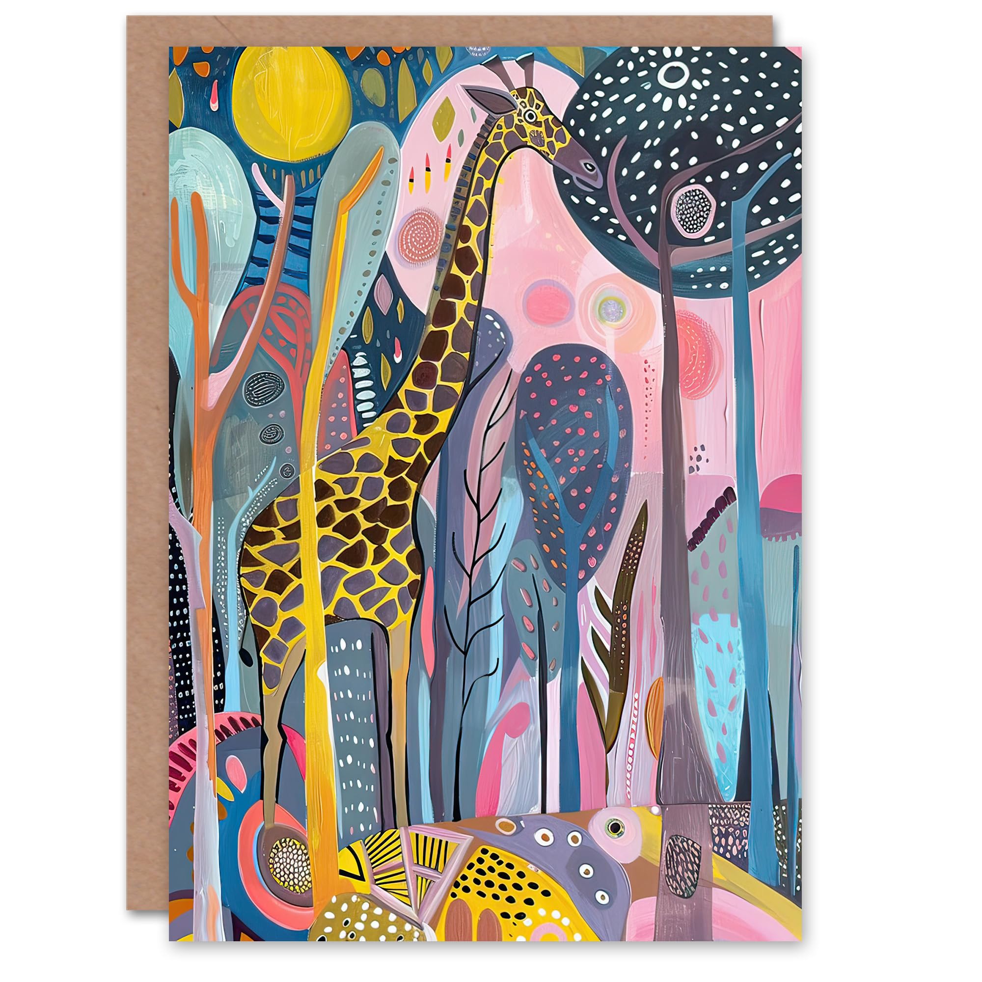Artery8 Greeting Card Quirky Giraffe Folk Art Colourful Trees Painting Blank For Him Or Her Art Birthday Card