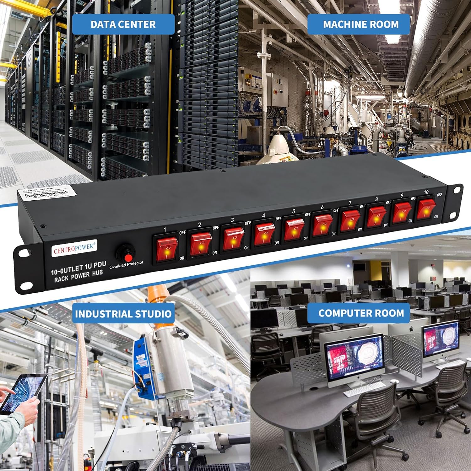1U PDU Horizontal Rackmount Power Strip - Surge Protector 10 NEMA 5-15R Outlet 100V-240V/15A 1800 Joules, 10 Independent LED Switches, w/6 ft Cord, for Network Server, ETL Listed, by CENTROPOWER