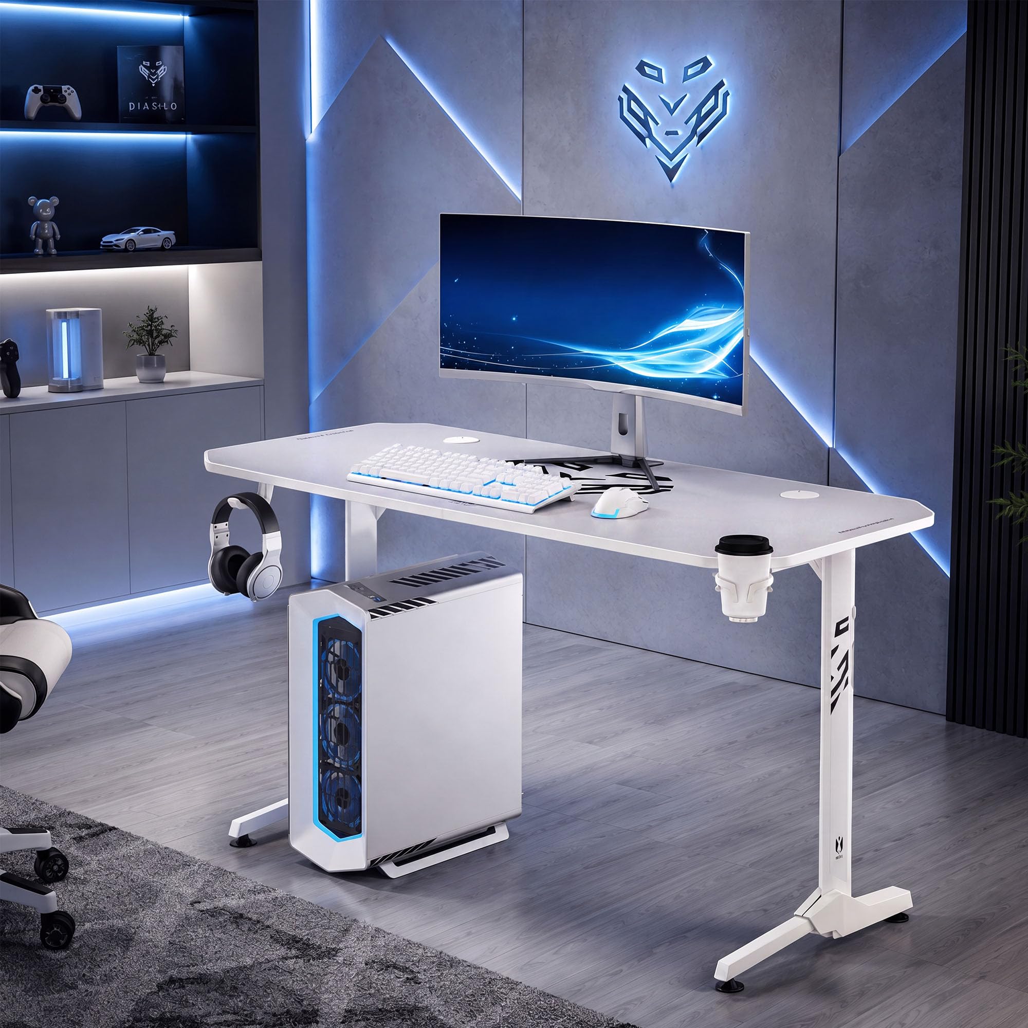 DIABLO Scrivania Gaming grande scrivania gamer stabile tavolo PC con gestione cavi tappetino supporto cuffie porta bicchiere scrivania computer ergonomica robusta setup 140 cm x 60 cm x 75 cm