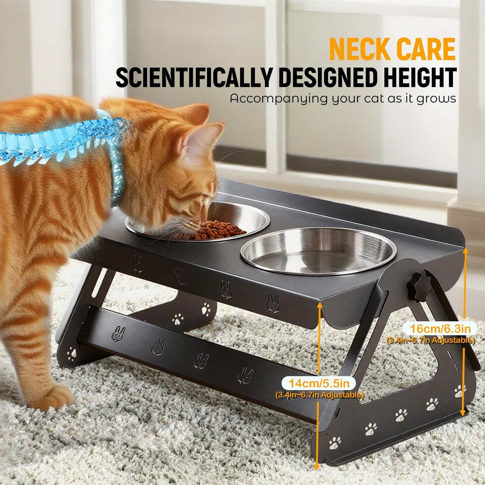 Comedero Gato Elevado,Comedero para Gatos Acero Inoxidable,Cuencos para Gatos Ángulo Ajustable de 0 a 15 Grados,Altura Ajustable de 8,5 a 16 cm,Apto para Gato y Perros Pequeños