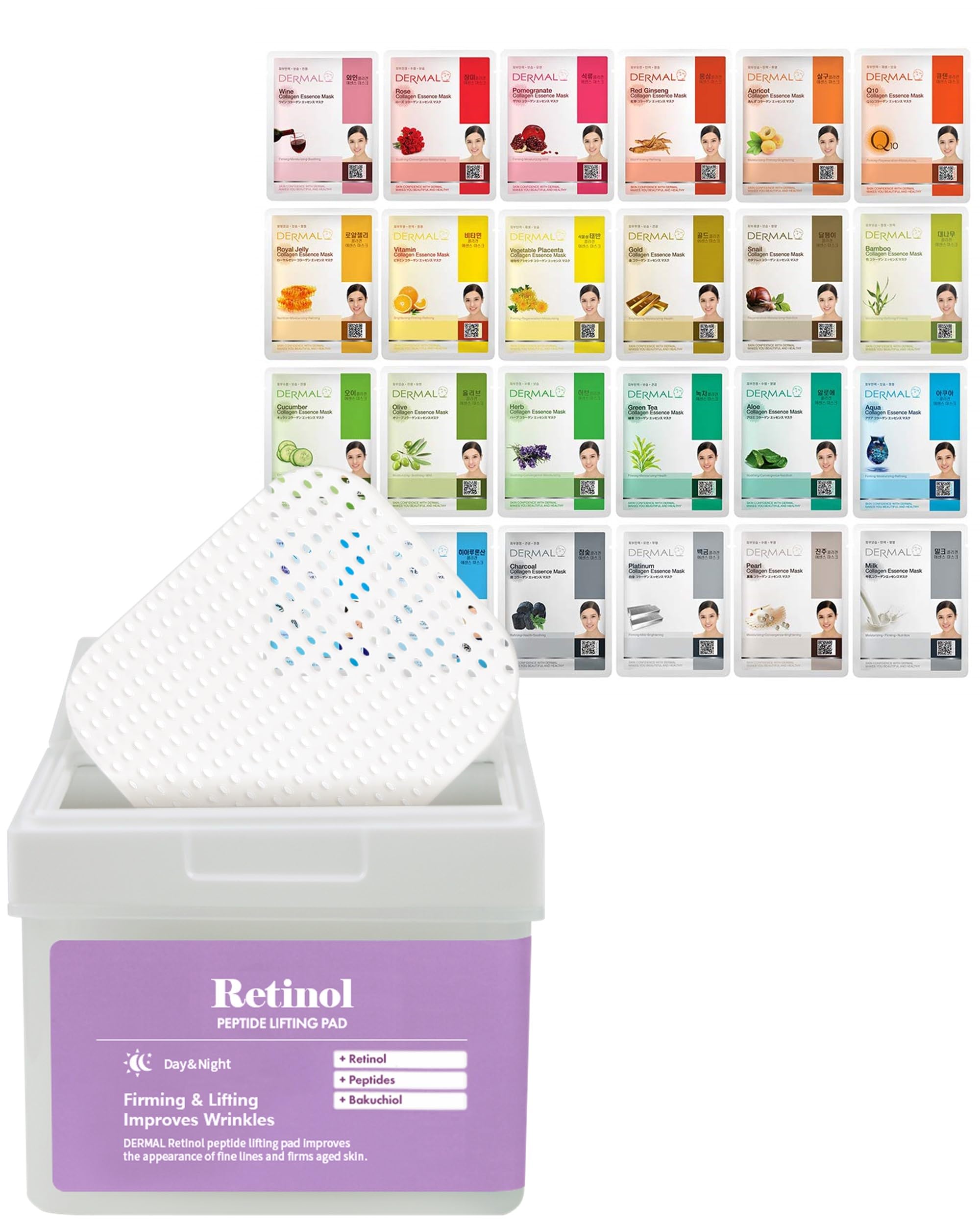 DERMAL24 Combo Pack A Collagen Essence Korean Face Mask & Retinol Peptide Lifting Toner Pads Bundle
