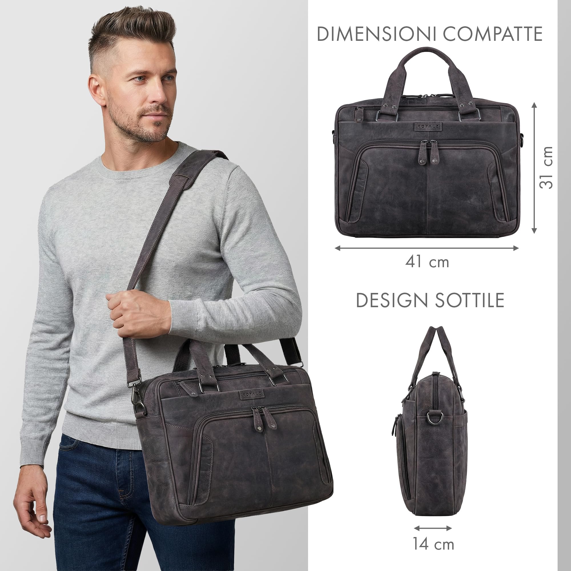ROYALZ "Chicago Borsa Ventiquattrore Uomo Pelle Borsa Lavoro Pelle Borsa Porta PC 14, 15.6-16 Pollici Cartella Uomo Messenger Bag Borsa Tracolla Portadocumenti Ufficio