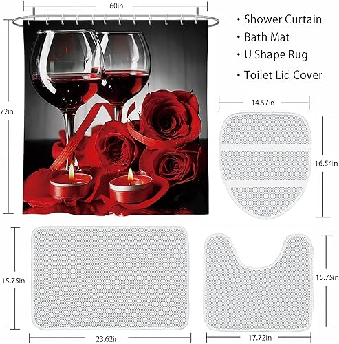 Miniatura 6 de Coxila Juego de cortinas de ducha rojas y negras, diseño de rosas de vino, diseño de flores románticas, diseño floral, tapa de inodoro, 4 piezas,