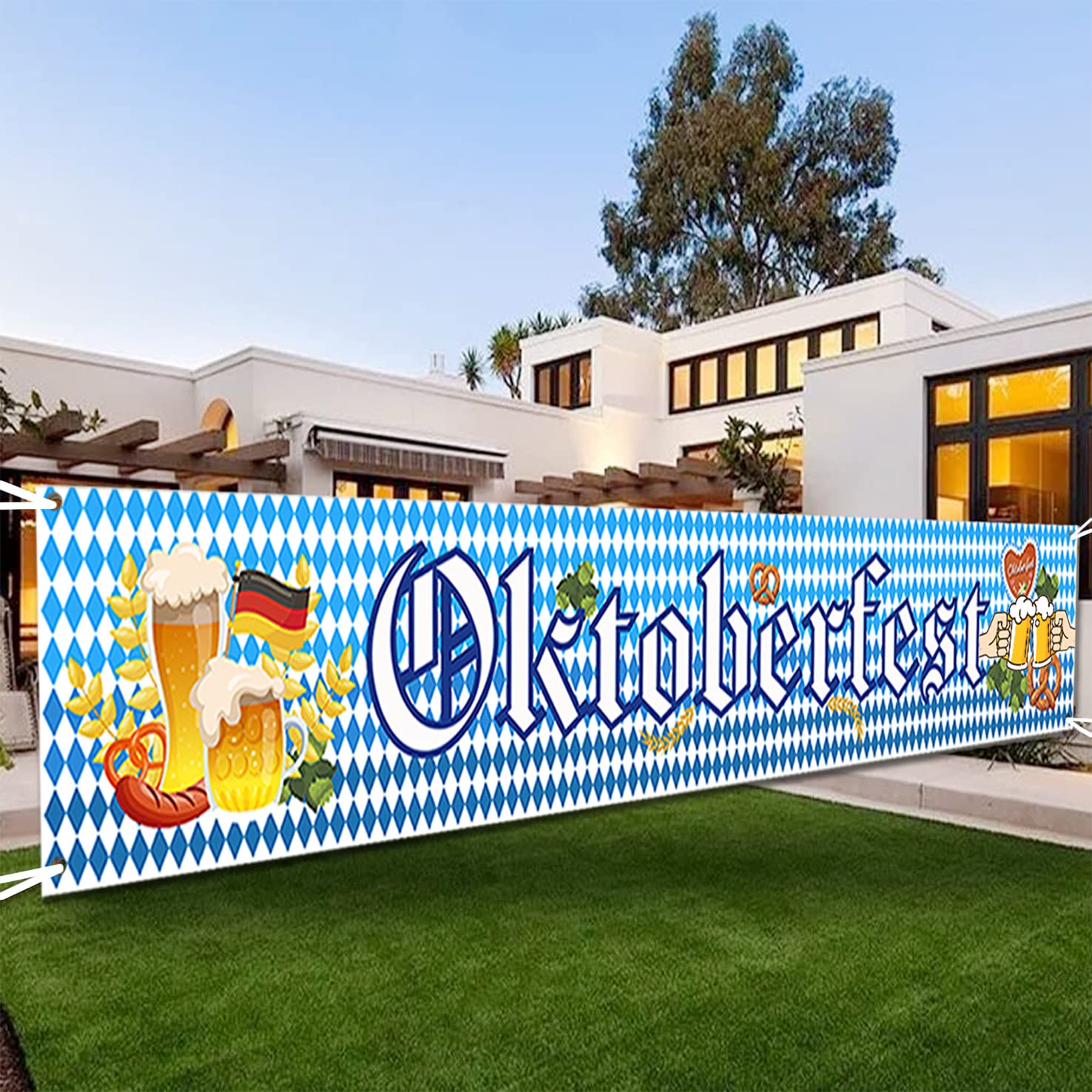 Moitkptt Oktoberfest Banner, 50 x 300 cm, White and Blue, Bavarian Pattern, Perfect for Oktoberfest Party, Beer Tents, Indoor/Outdoor Use