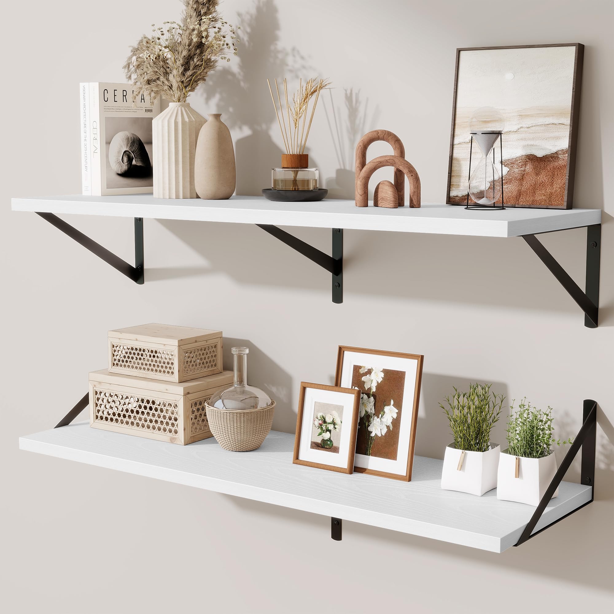 Acovy 25cm Deep Floating Shelves for Wall,90cm Wood Wall Shelves with Metal Brackets,Hanging Storage Floating Shelf for Living Room,Bedroom,Bathroom,Office,Kitchen,White