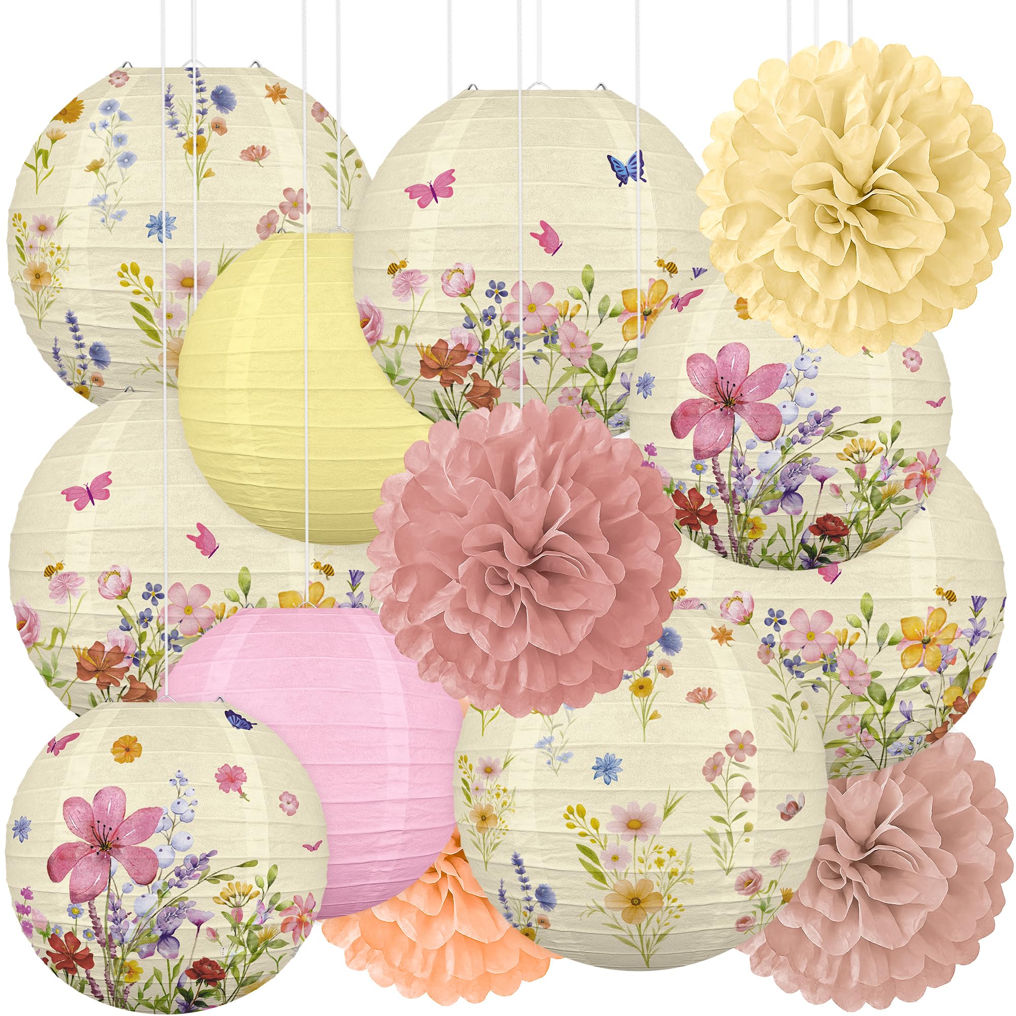 Renbuzhu 13 piezas de decoración de fiesta de flores silvestres, faroles de papel vintage, pompones, decoración colgante para bebé en flor, baby shower, flores, jardín, hogar
