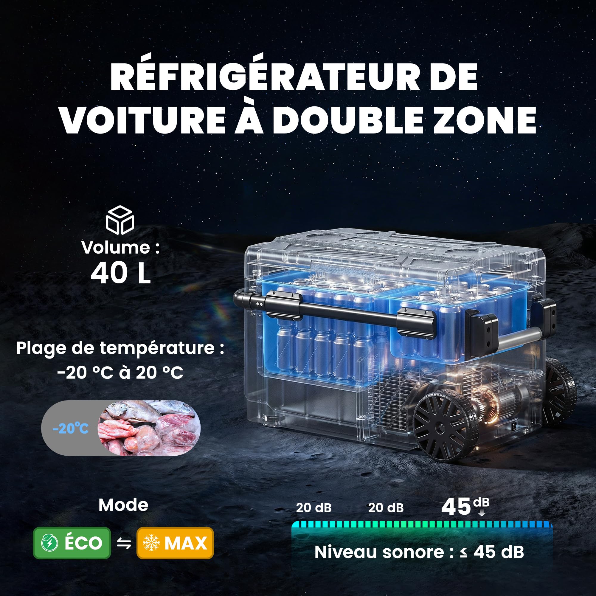 Outsunny Glacière Électrique Voiture 40L, Réfrigérateur Portable à Compresseur avec Double Zone, Refroidissement Puissant & Mode ECO, Contrôle par APP, -20℃ à 20℃, pour Voiture, Camion, Noir