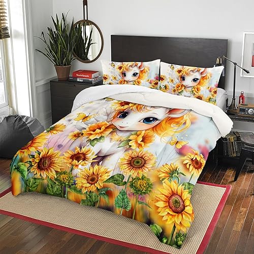 Miniatura 2 de AILONEN Juego de edredón de unicornio tamaño individual, juego de ropa de cama de unicornio con flores amarillas para niñas, edredón de girasoles de
