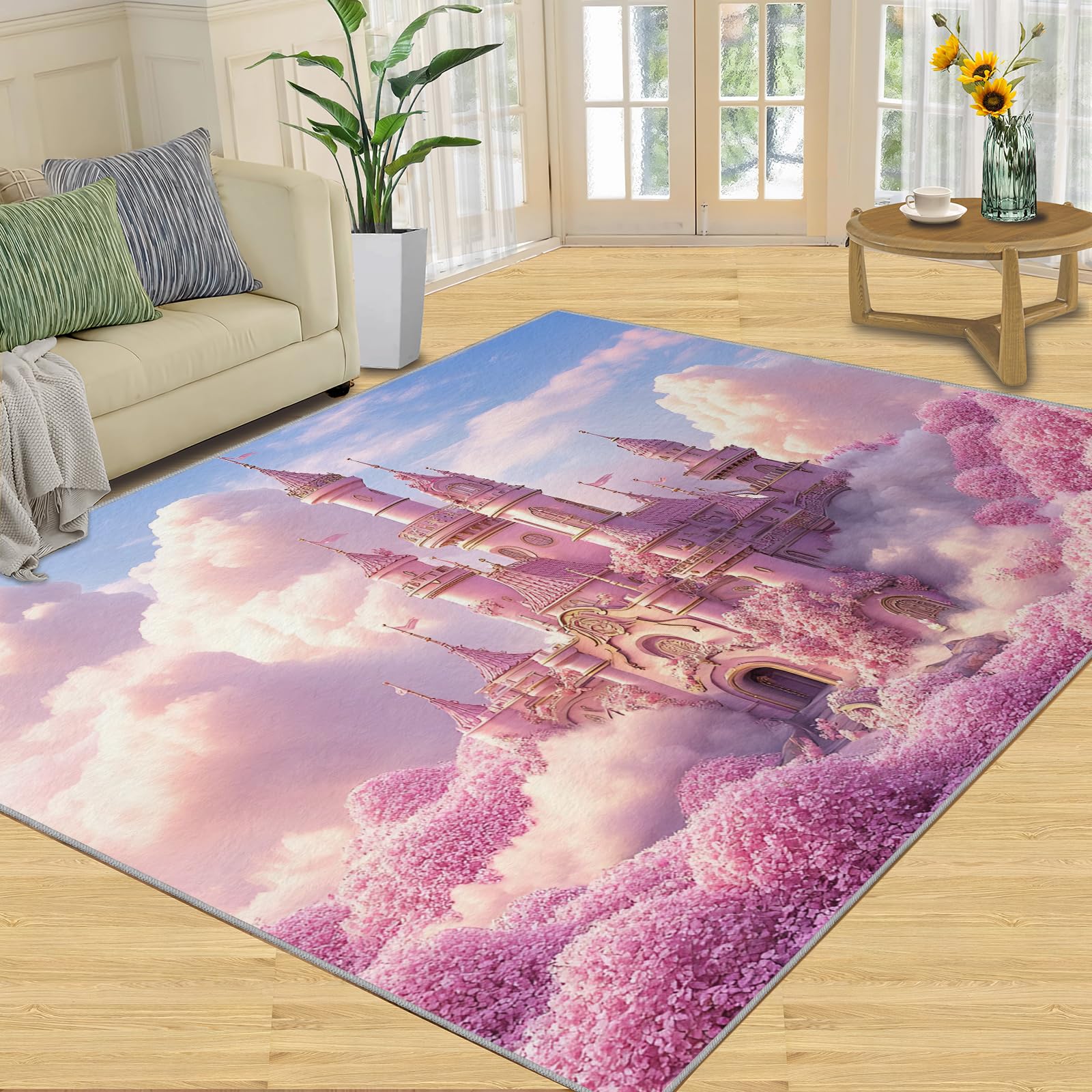FBRUIEG Pink Castle Rugs for Living Room, Princess Dream Flower Castle Area Rug, Low Pile High Traffic Rugs for Bedroom Dining Room Farmhouse Decor Floor Mat 80x150cm