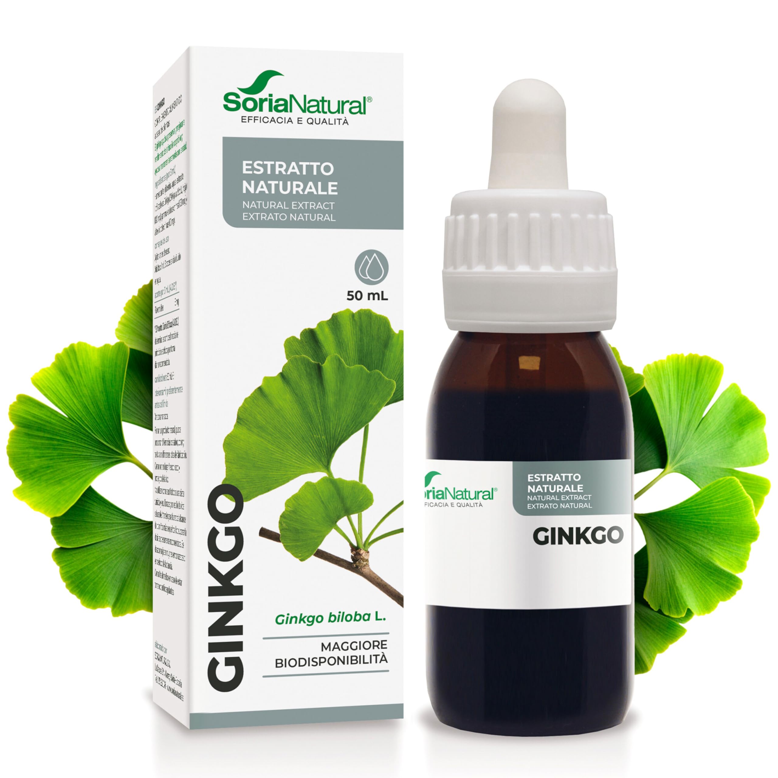 Ginkgo Biloba Integratore Estratto Naturale 50ml - Migliora Memoria, Concentrazione e Circolazione - Ginko Biloba Integratore Memoria e Concentrazione - Soria Natural