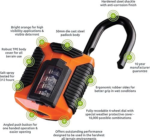 Miniatura 5 de Squire Candado resistente (CP50)  Grillete de acero más resistente  Candado combinado de 4 ruedas  Acero aleado para resistencia a la corrosión