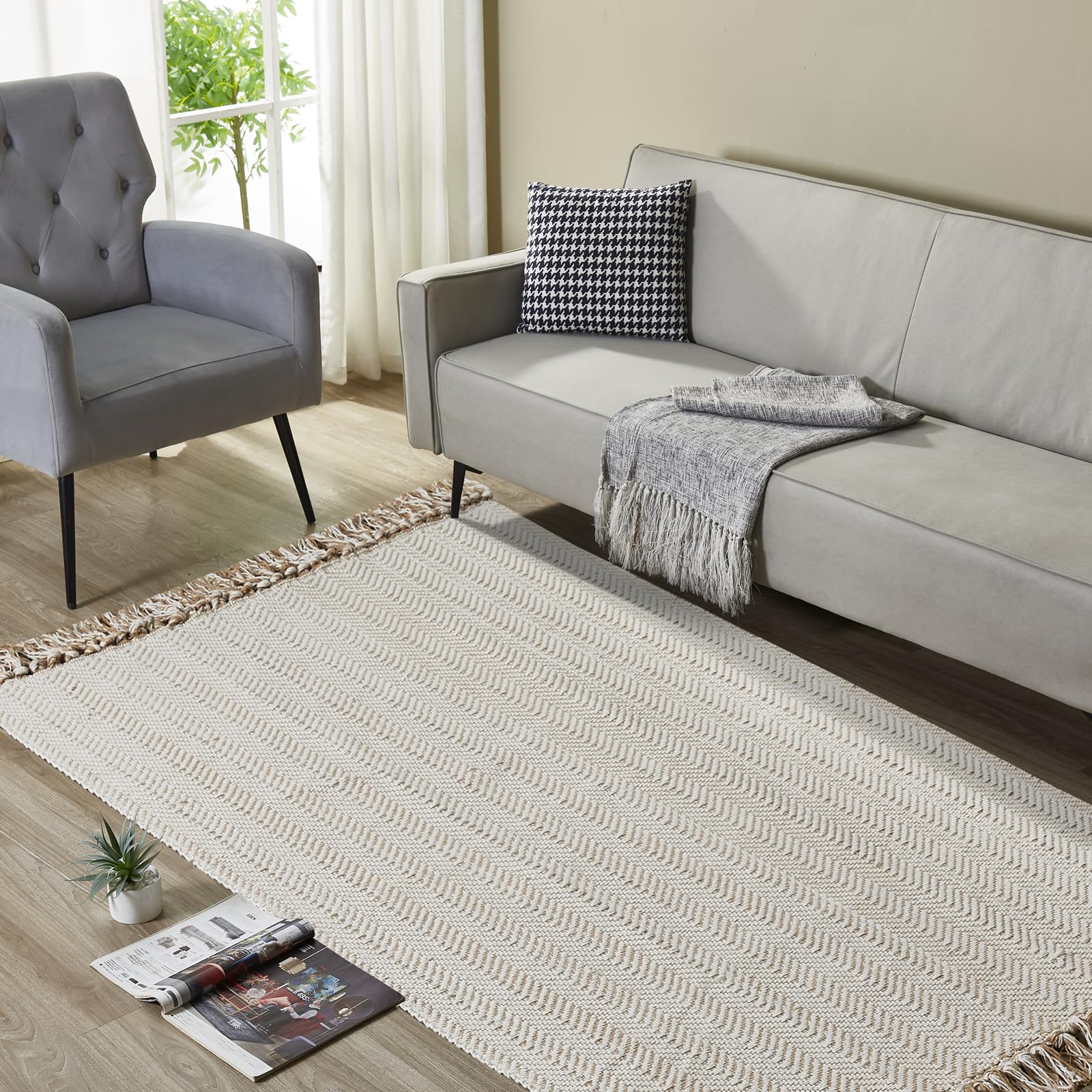 Modern Woven Rug with Anti-Shedding Tassels - 3x5 Firmed Edges, Versatile for Living and Bedrooms