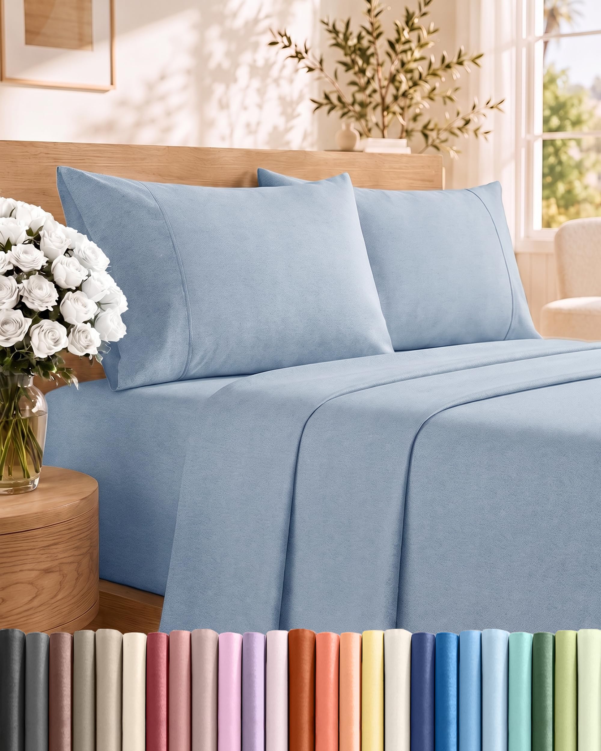 Queen Size 4 Piece Sheet Set - Breathable &amp; Cooling Sheets - Heathered Blue