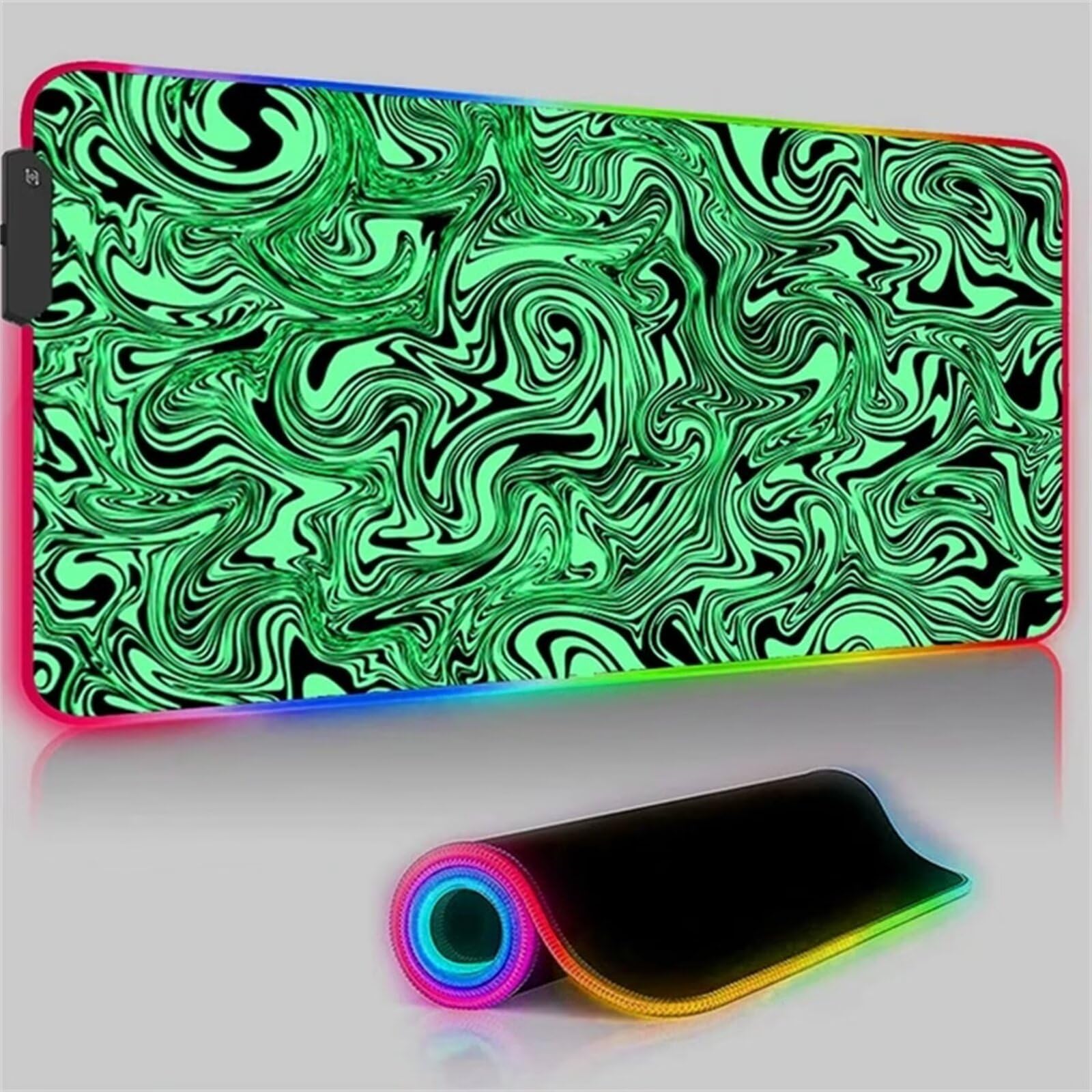Tappetino per Mouse RGB Liquido Verde Grande Tappetino per Mouse da Gioco LED con 14 Modalità di Illuminazione Tappetino Antiscivolo per Laptop Ufficio e Scrivania 900x400x4mm