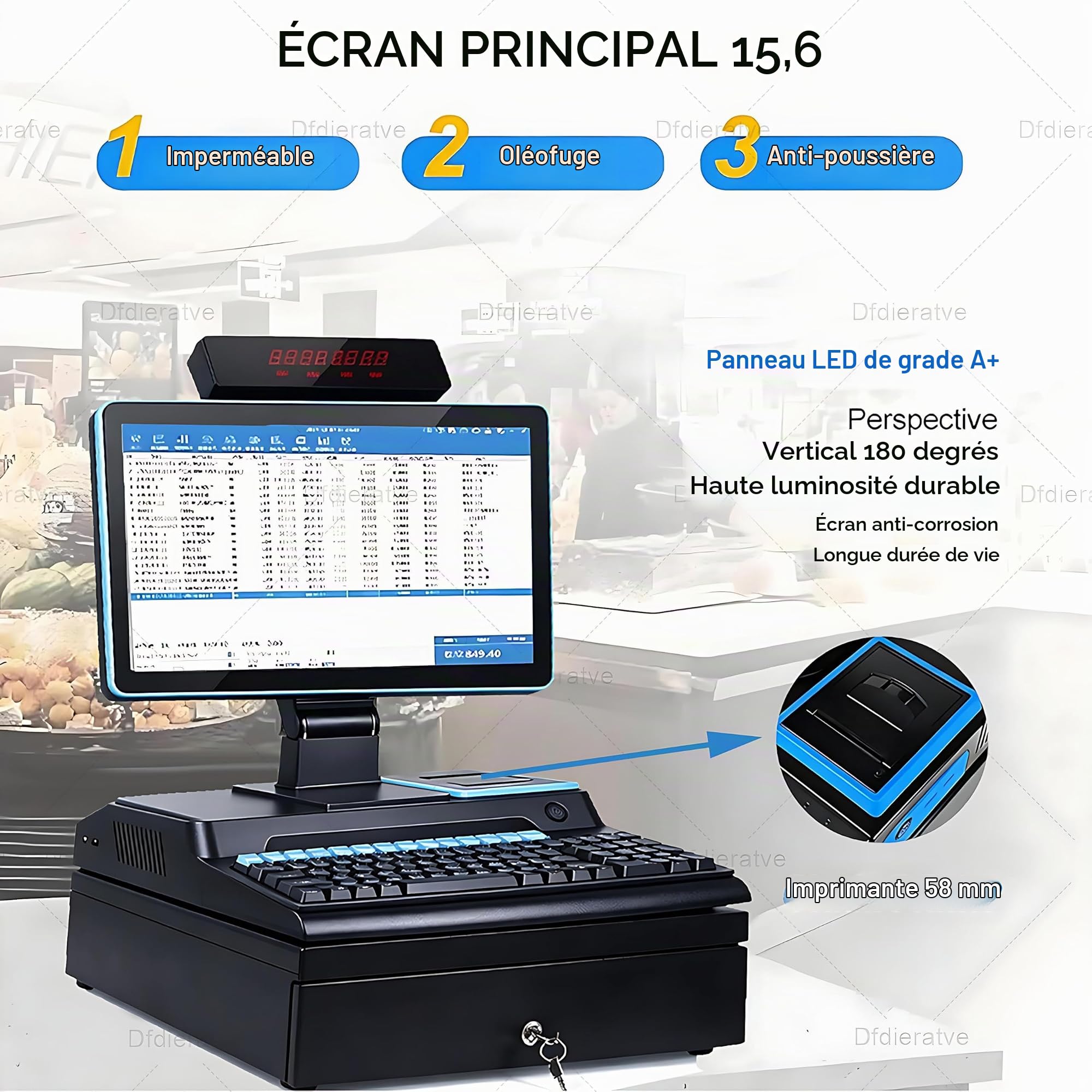Terminal de Point de Vente avec Scanner, Caisse enregistreuse Intelligente, imprimante Thermique 58mm intégrée, tiroir-Caisse, i5/8Go/128Go, Windows 10 – pour Boulangerie, supermarché Blue