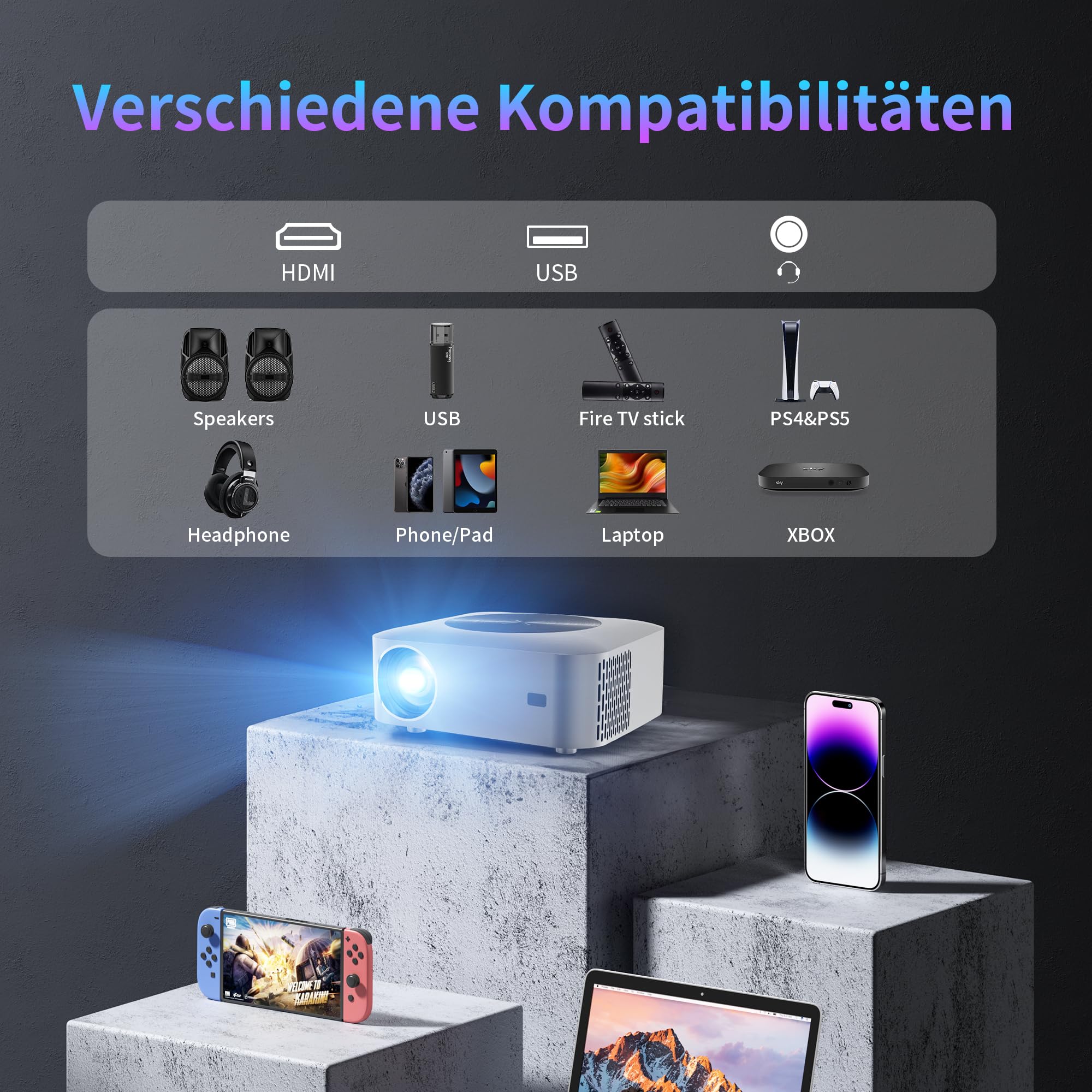 Projektor 4K, Android OS 12.0, 4 GB + 32 GB, miniprojektor z e-fokusem, WiFi6, Bluetooth 5.0, 500 ANSI, FHD 1080P, 4D Keystone, Zoom, kompatybilny z USB, AV, HDMI, smartfonem, laptopem, grami