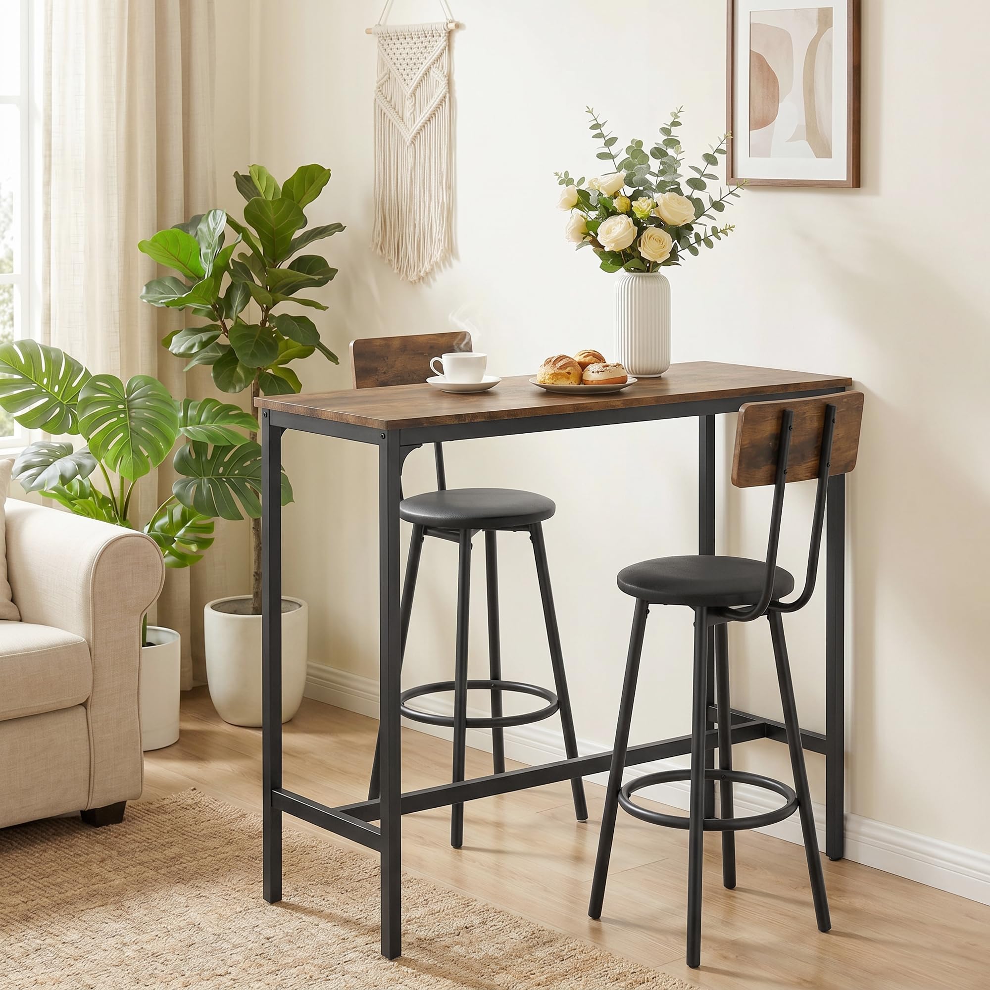 HOMCOM Ensemble Table de Bar avec 2 Tabourets Repose-Pieds PU Marron