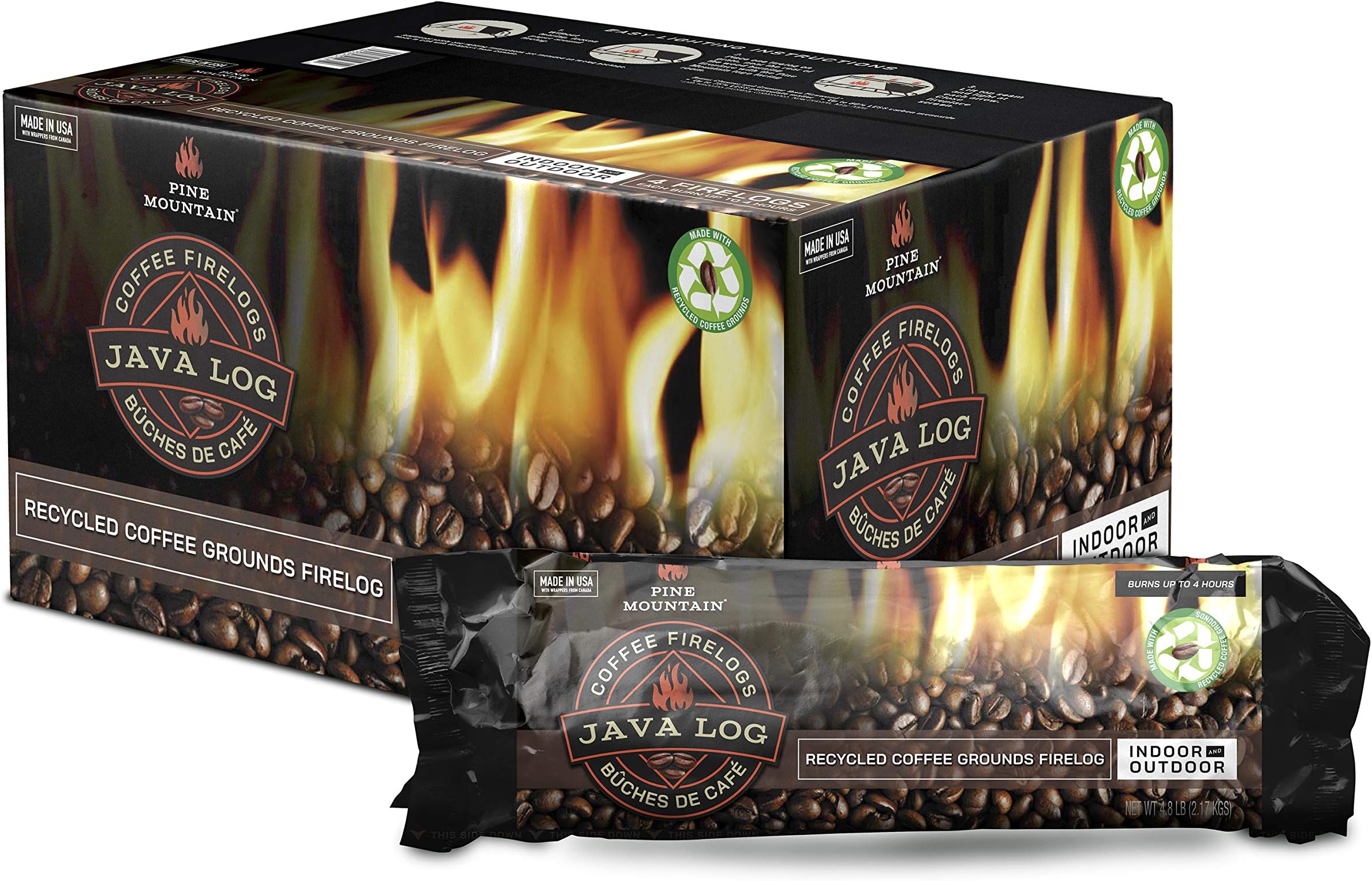 Pine Mountain 4152501471 Java-Log Firelog, 4-Hour Burn Time, Recycled Coffee Grounds, 4 Logs