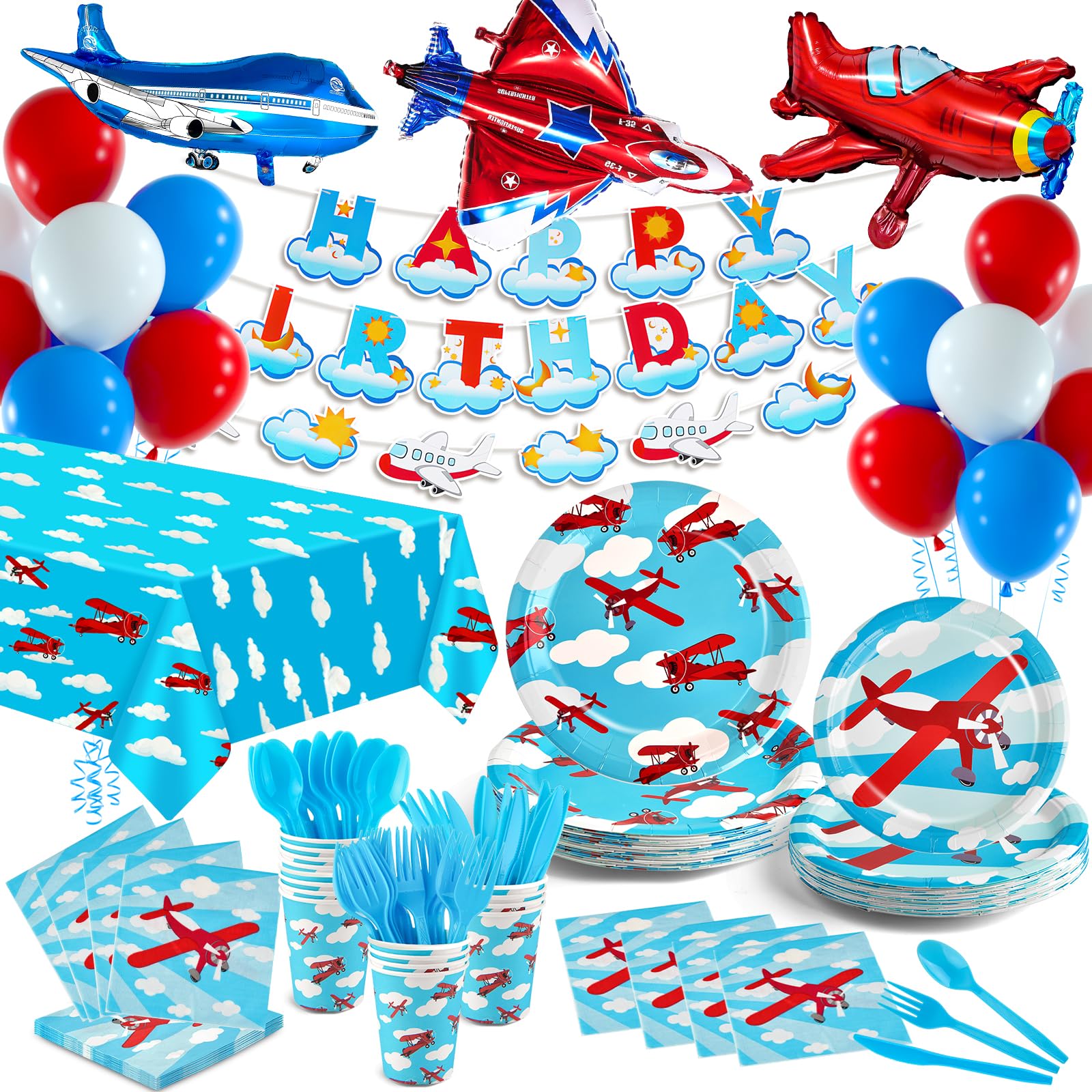 Airplane Birthday Party Decorations for 16 Guests,Party Tablecloth Disposable Paper Plates Napkins Set,Banner Inflatable Airplane,Plane Theme Birthday