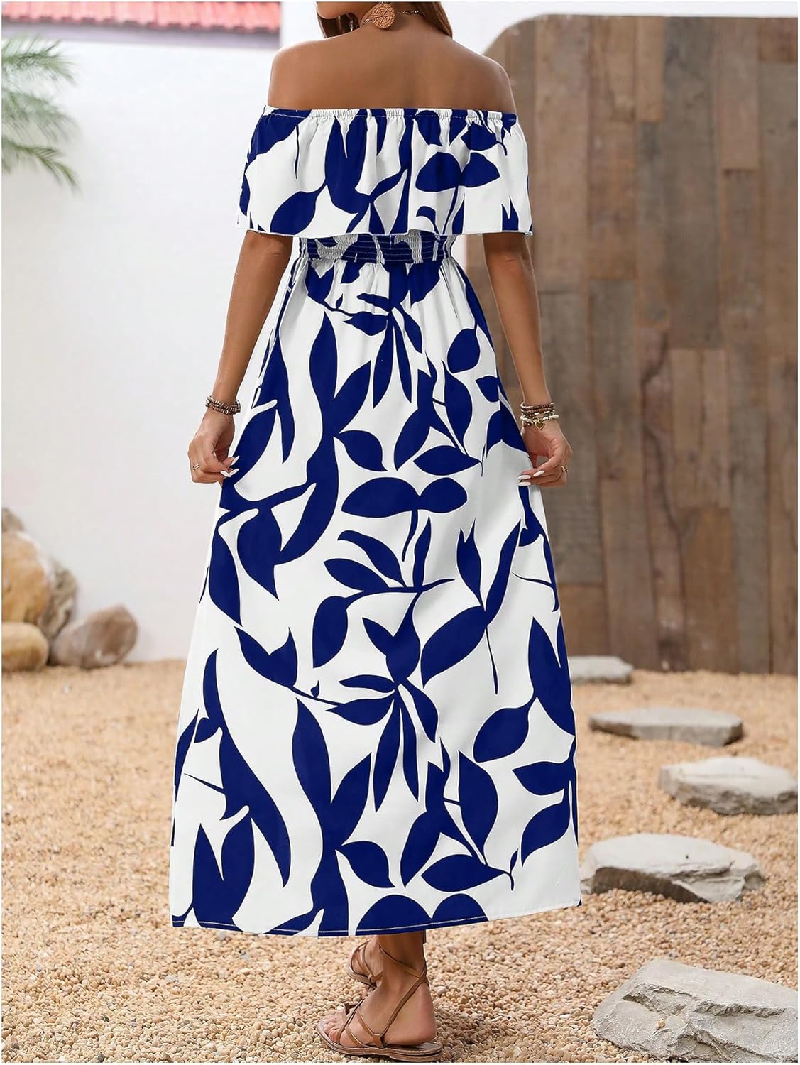 MakeMeChic Women's Floral Print Boho Summer Dress Off Shoulder Shirred Split Thigh Midi Long Dresses - Image 2