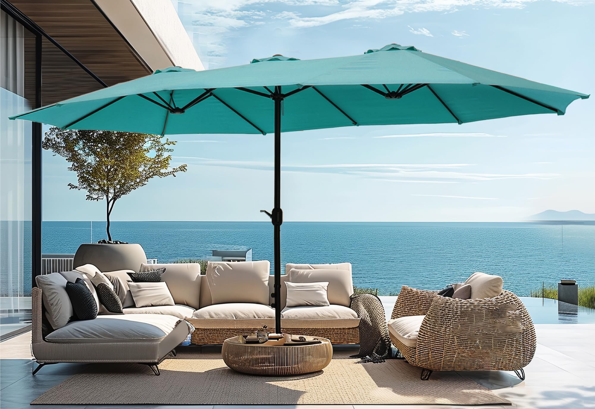 PHI VILLA 15ft Large Patio Umbrellas with Base Included, Outdoor Double-Sided Rectangle Market Umbrella with Crank Handle, for Poolside Lawn Garden, Turquois